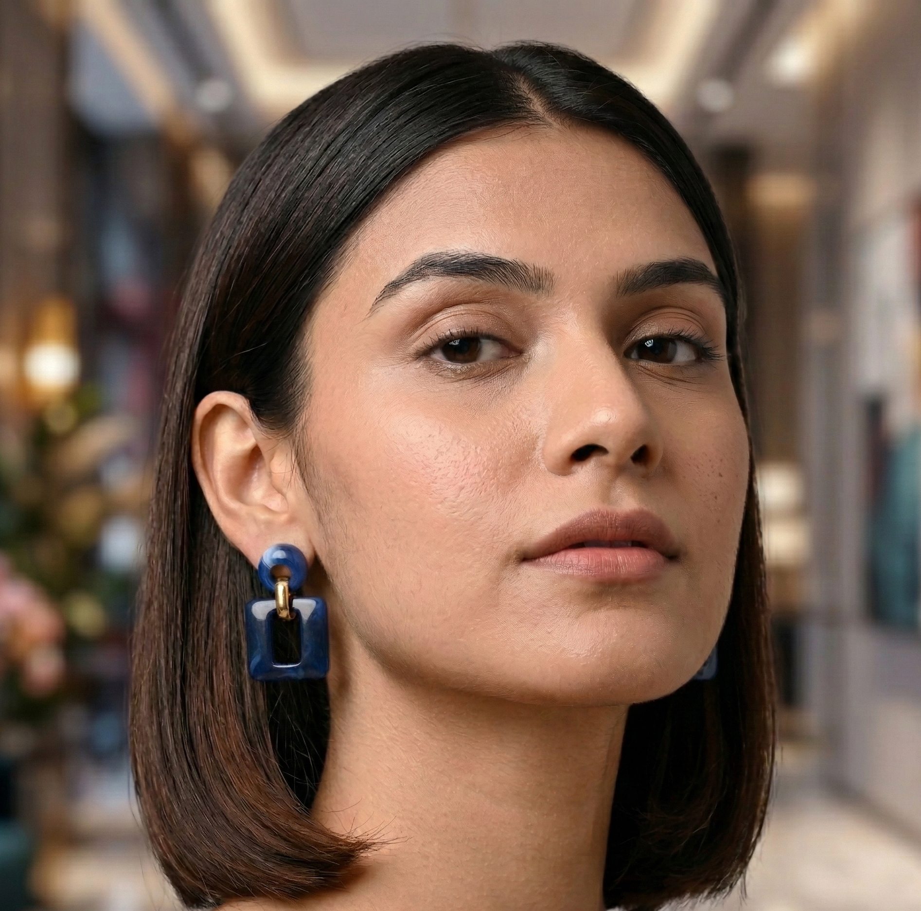 Navy Blue Resin Square Drop Earrings Gold Tone Detail