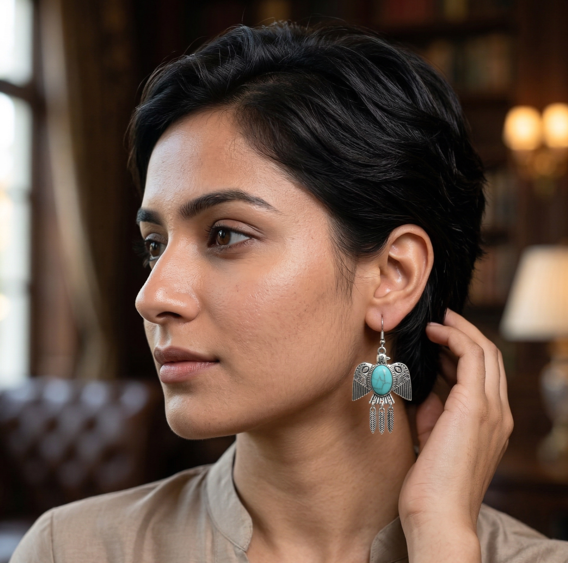 Bohemian Turquoise Bird Drop Earrings Silver Tone Alloy