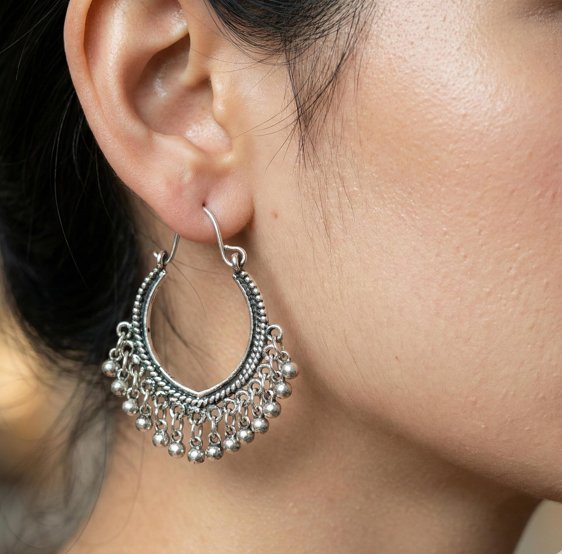 Silver Tone Fringe Hoop Earrings
