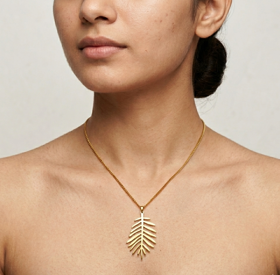 Gold Leaf Pendant Necklace for Women – Minimalist Palm Leaf Stainless Steel Necklace