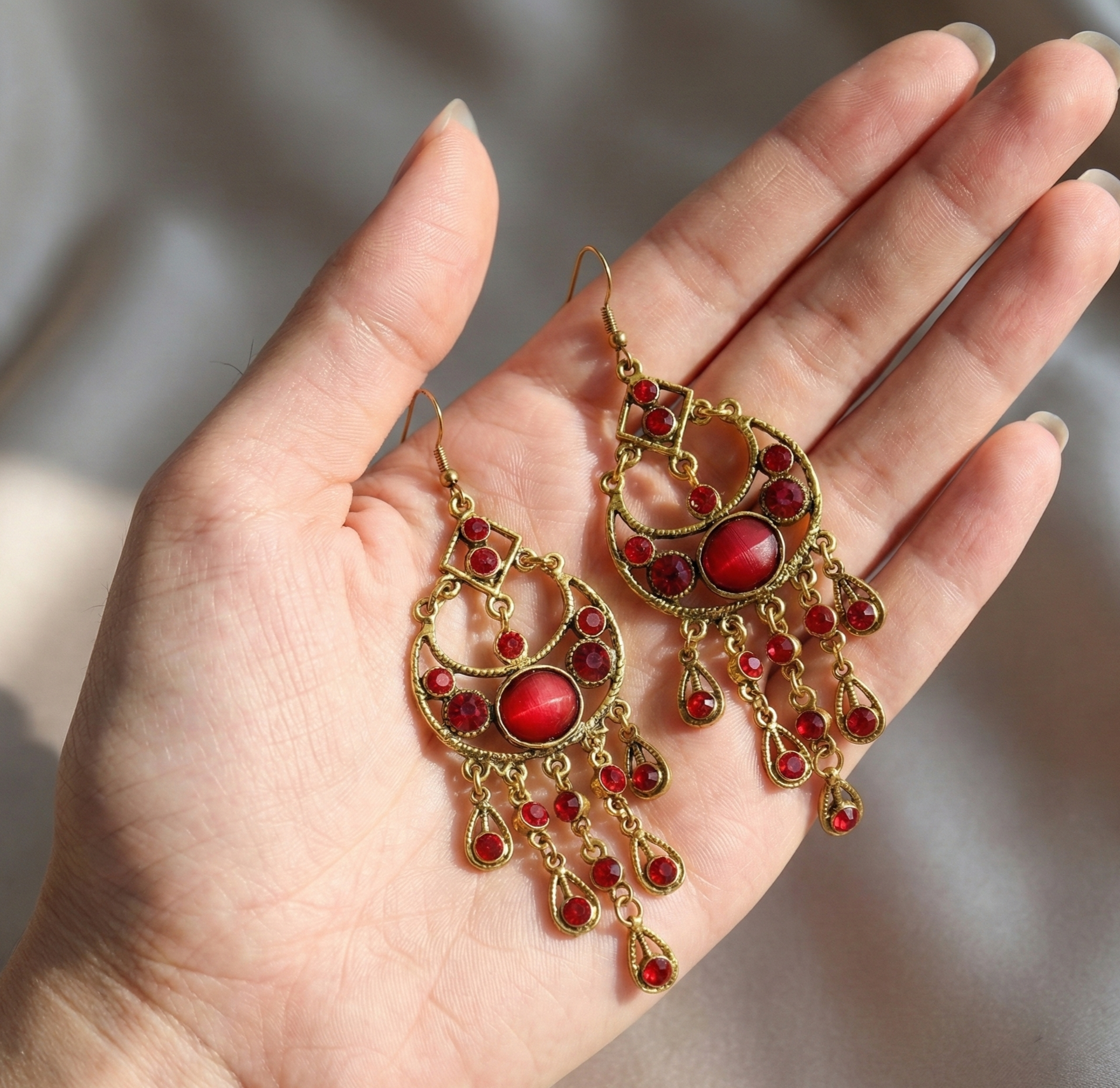 Bohemian Red Stone Tassel Earrings Gold Tone Alloy