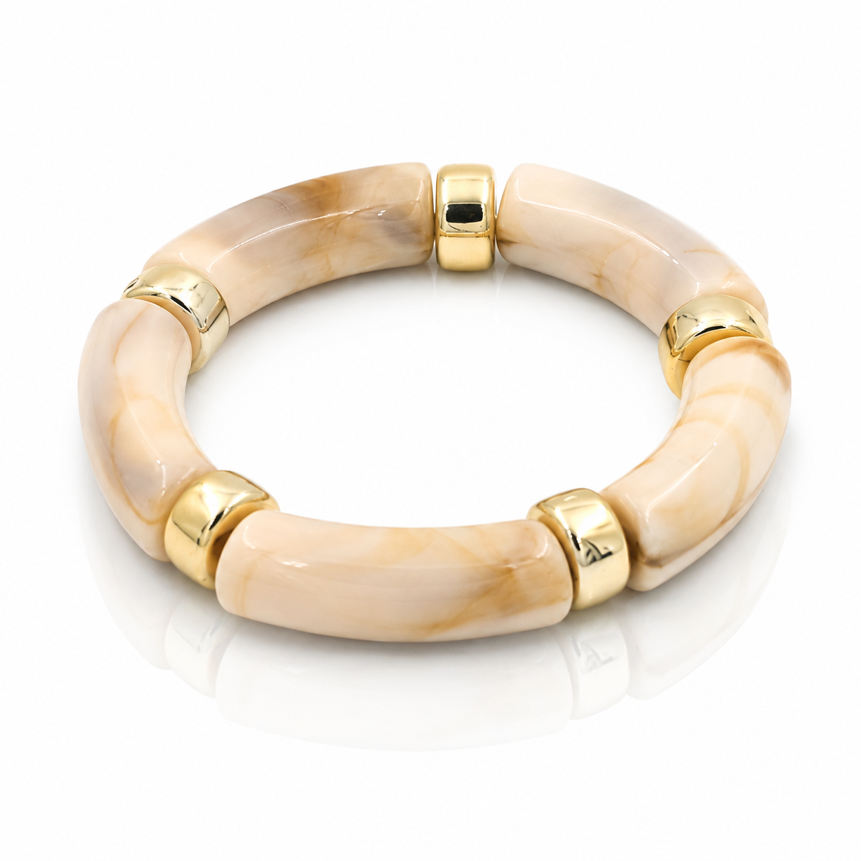 Cream Marble Acrylic Beaded Stretch Bracelet with Gold Accents for Women