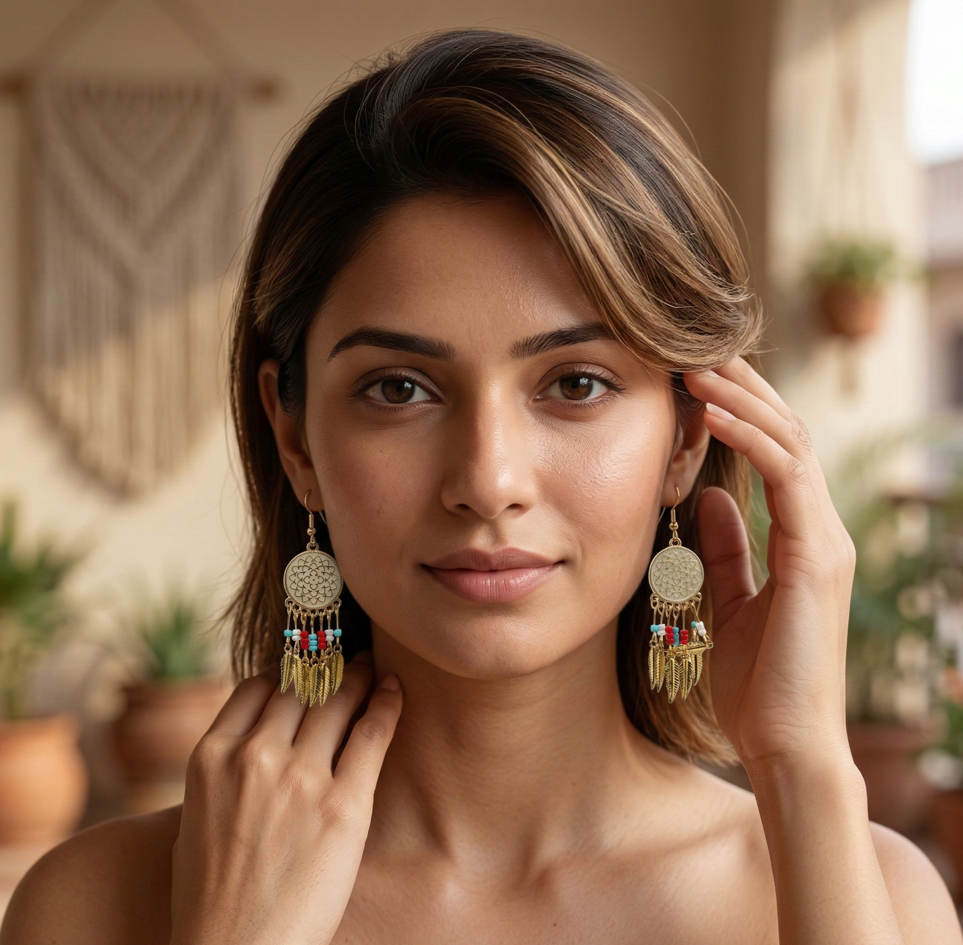 Bohemian Leaf Tassel Earrings Gold Plated Beaded Drop Earrings for Women
