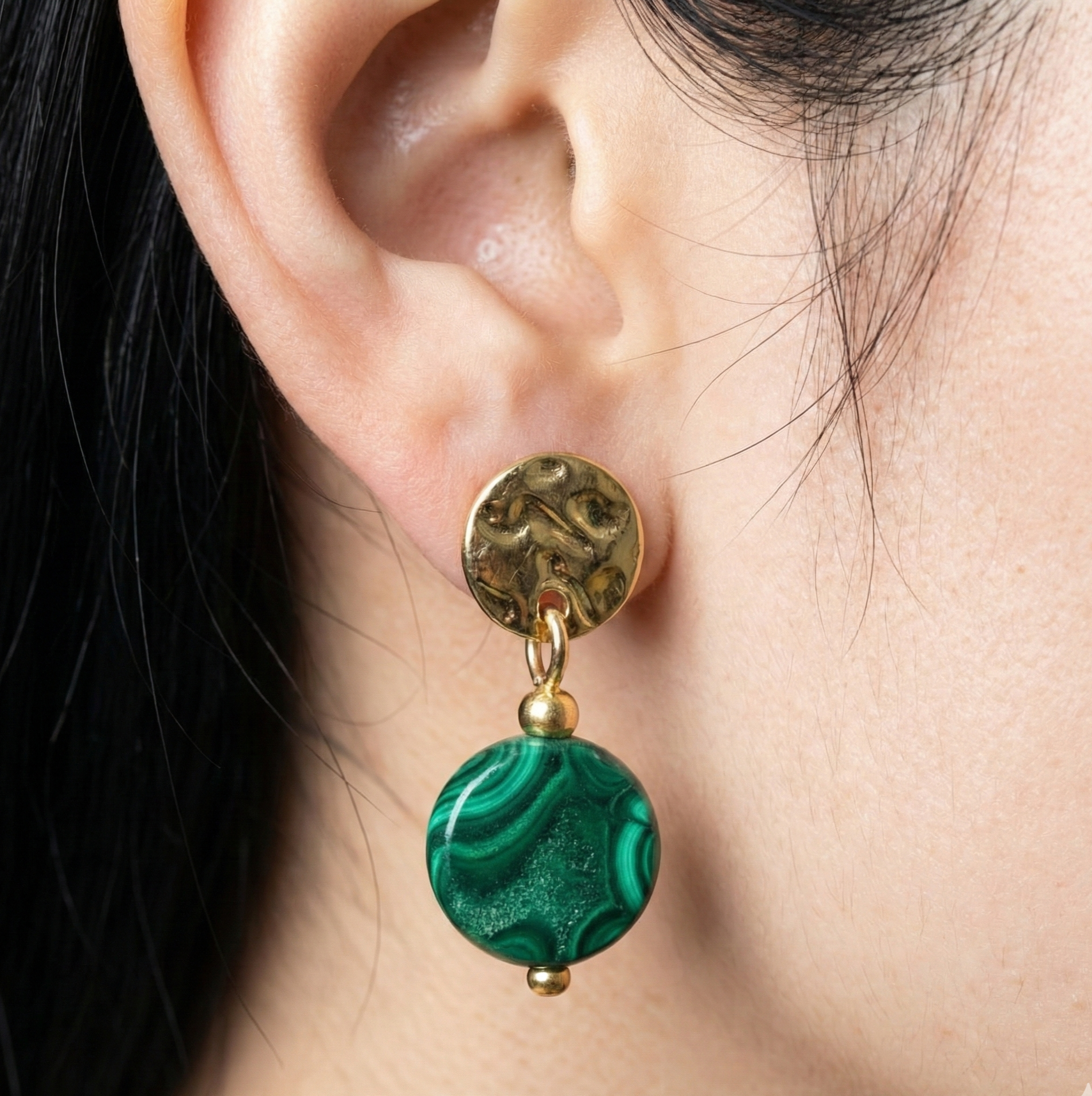 Malachite Drop Earrings Gold Tone Metal