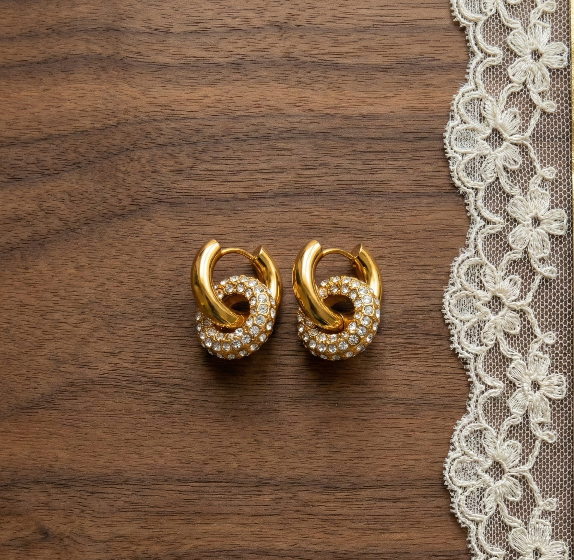 18K Gold Plated CZ Donut Huggie Hoop Earrings in 316L Stainless Steel