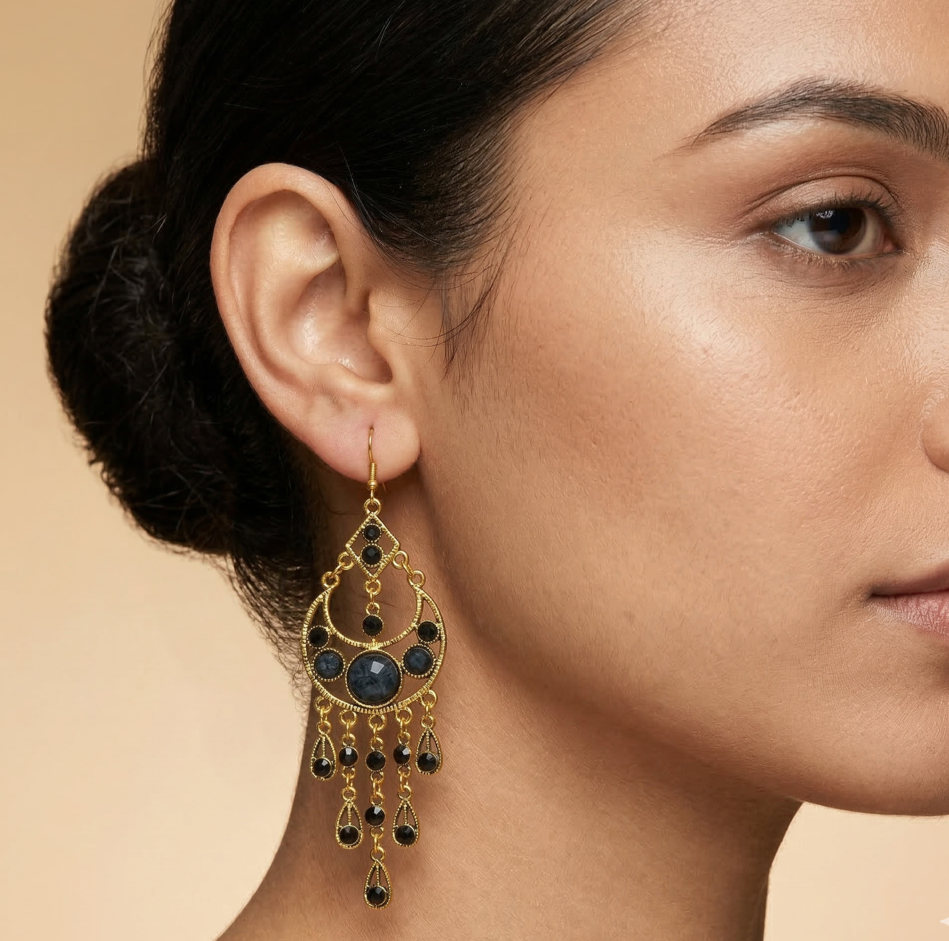 Bohemian Dark Stone Tassel Earrings Gold Tone Alloy