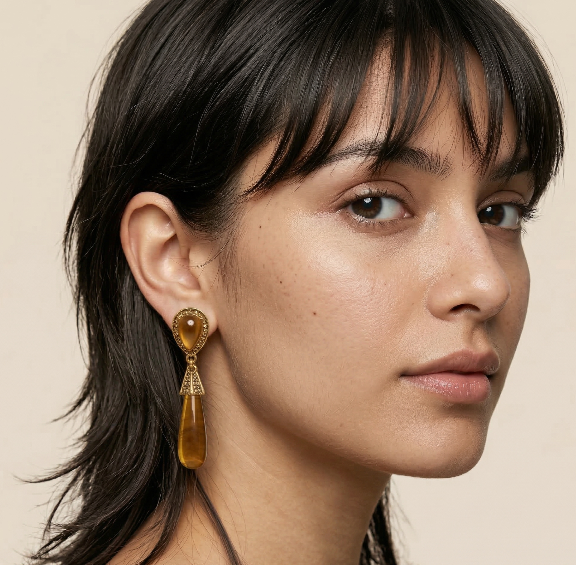 Tiger Eye Style Water Drop Dangle Earrings Gold Tone Studs