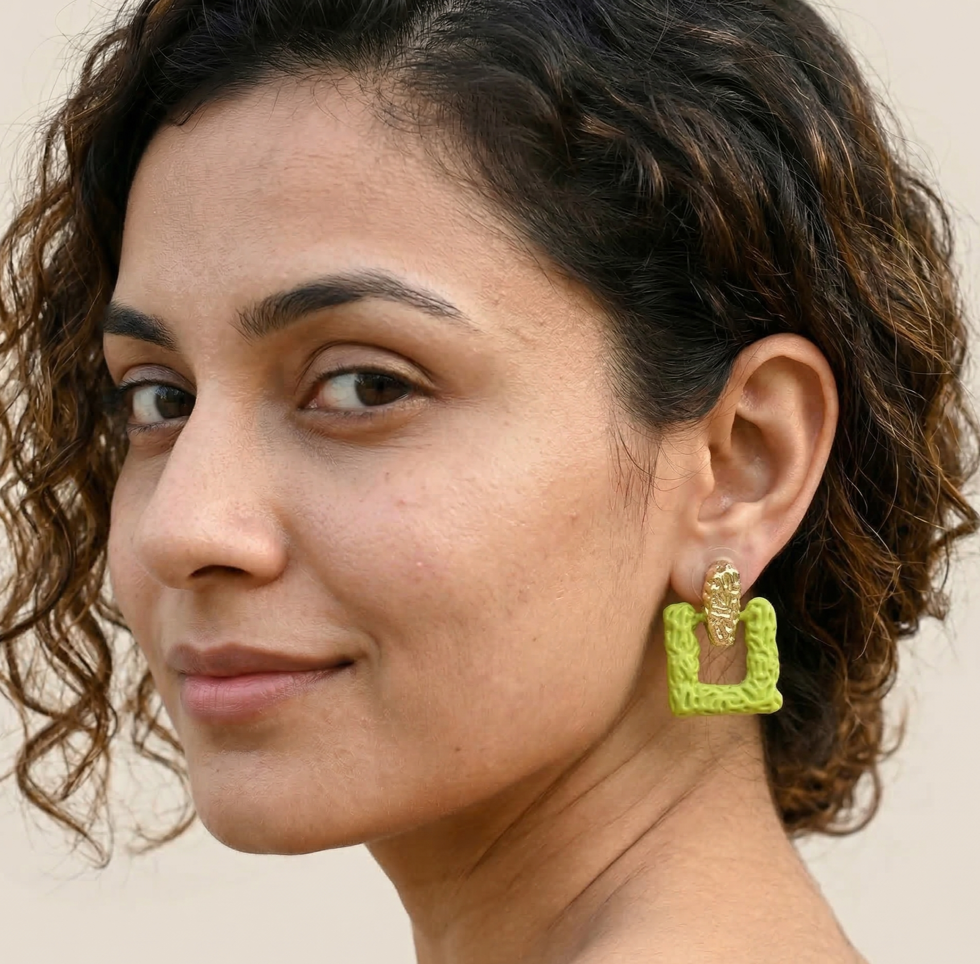 Lime Green Textured Square Drop Earrings Gold Plated Studs