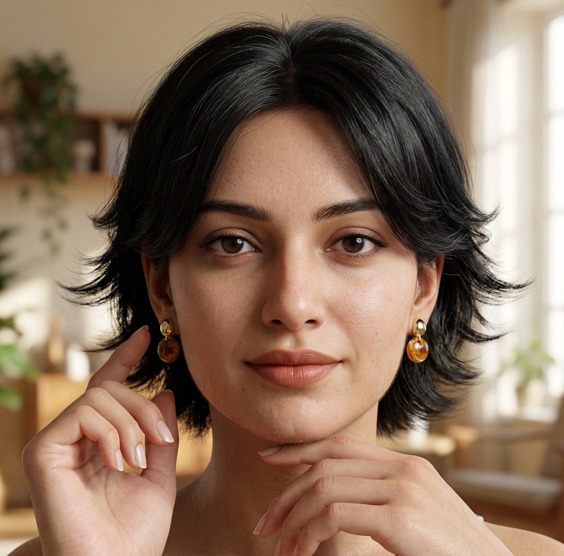 Amber Resin Disc Drop Earrings Gold Tone Studs
