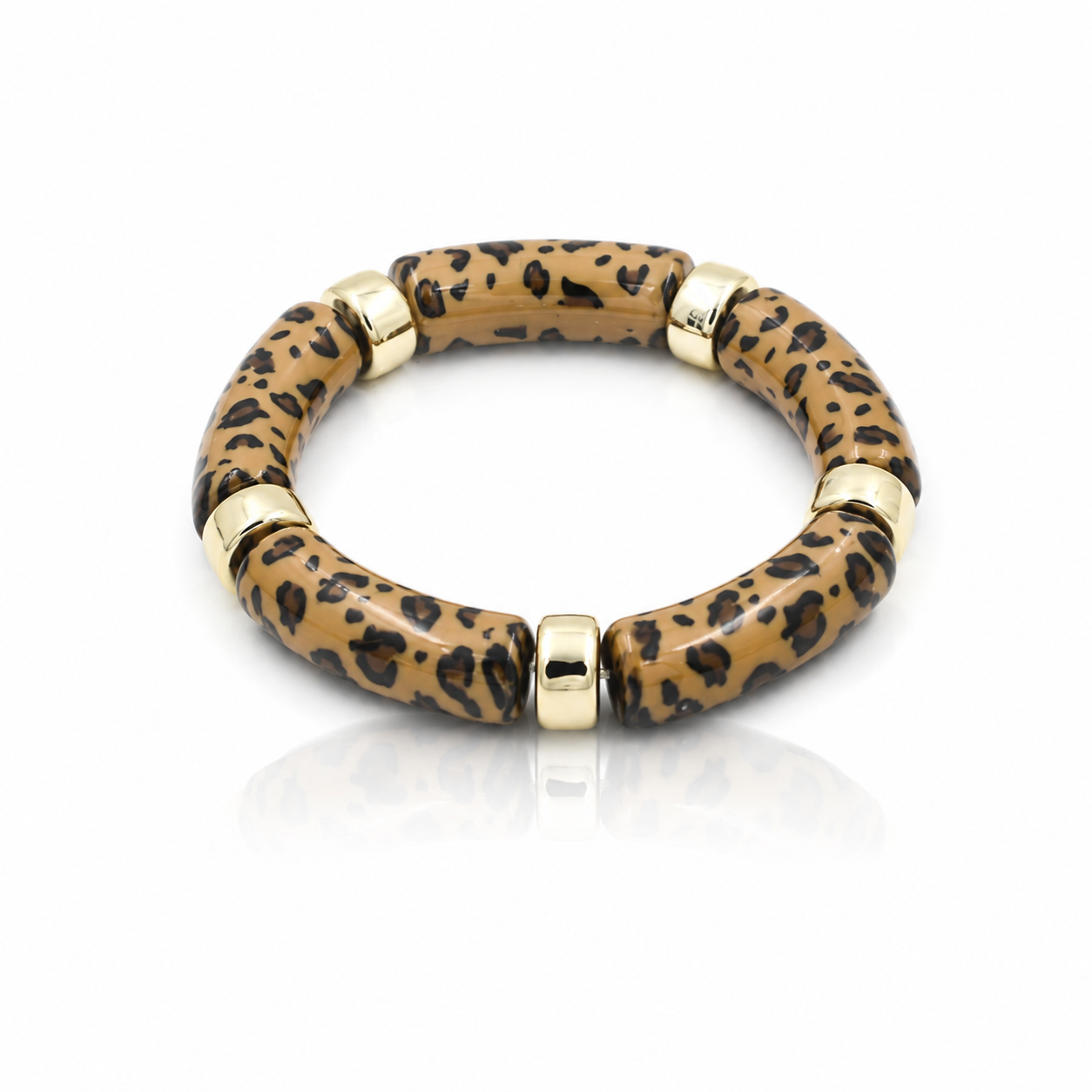 Leopard Print Acrylic Beaded Stretch Bracelet with Gold Accents