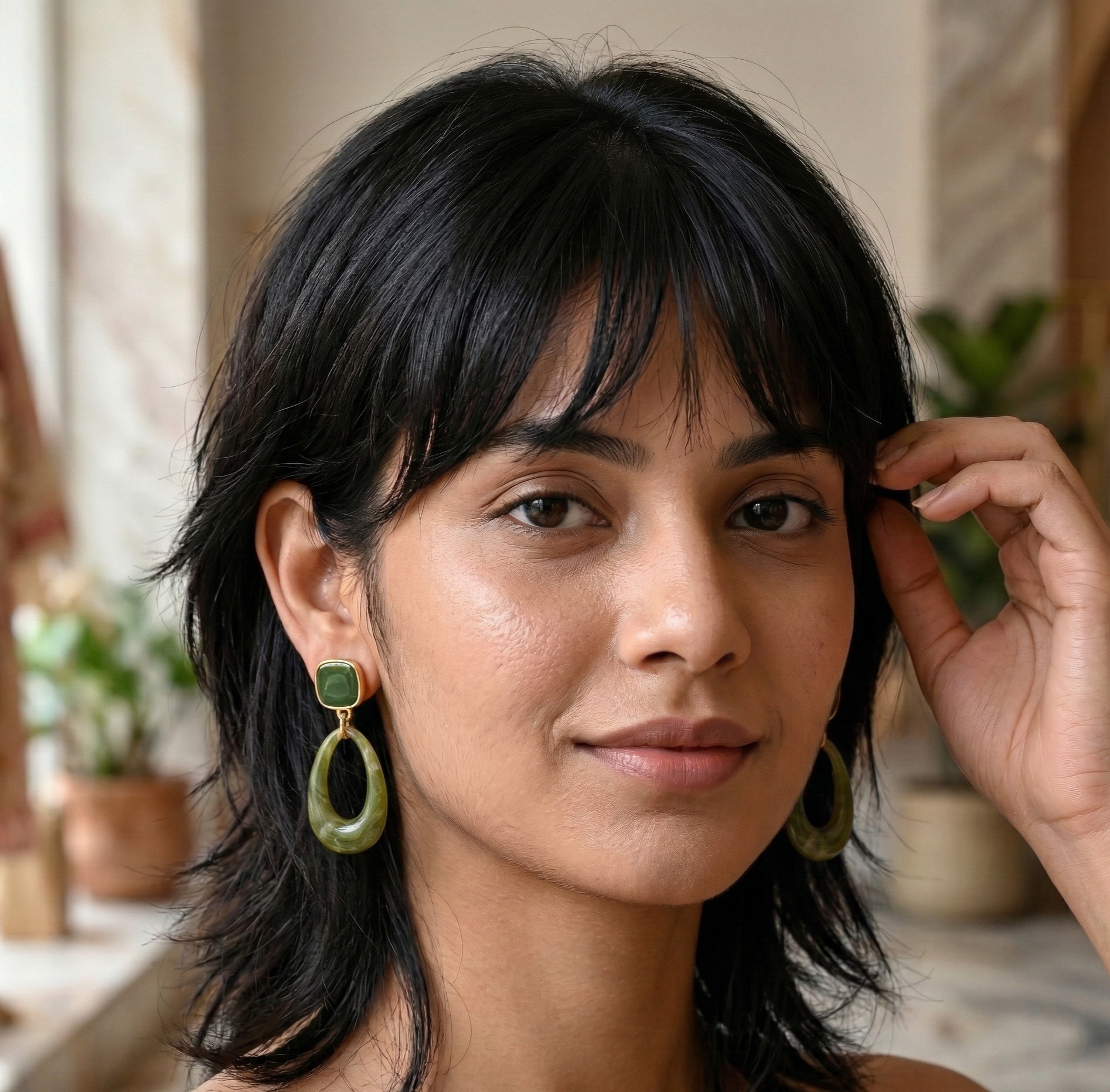 Olive Green Resin Open Teardrop Drop Earrings Gold Tone Detail