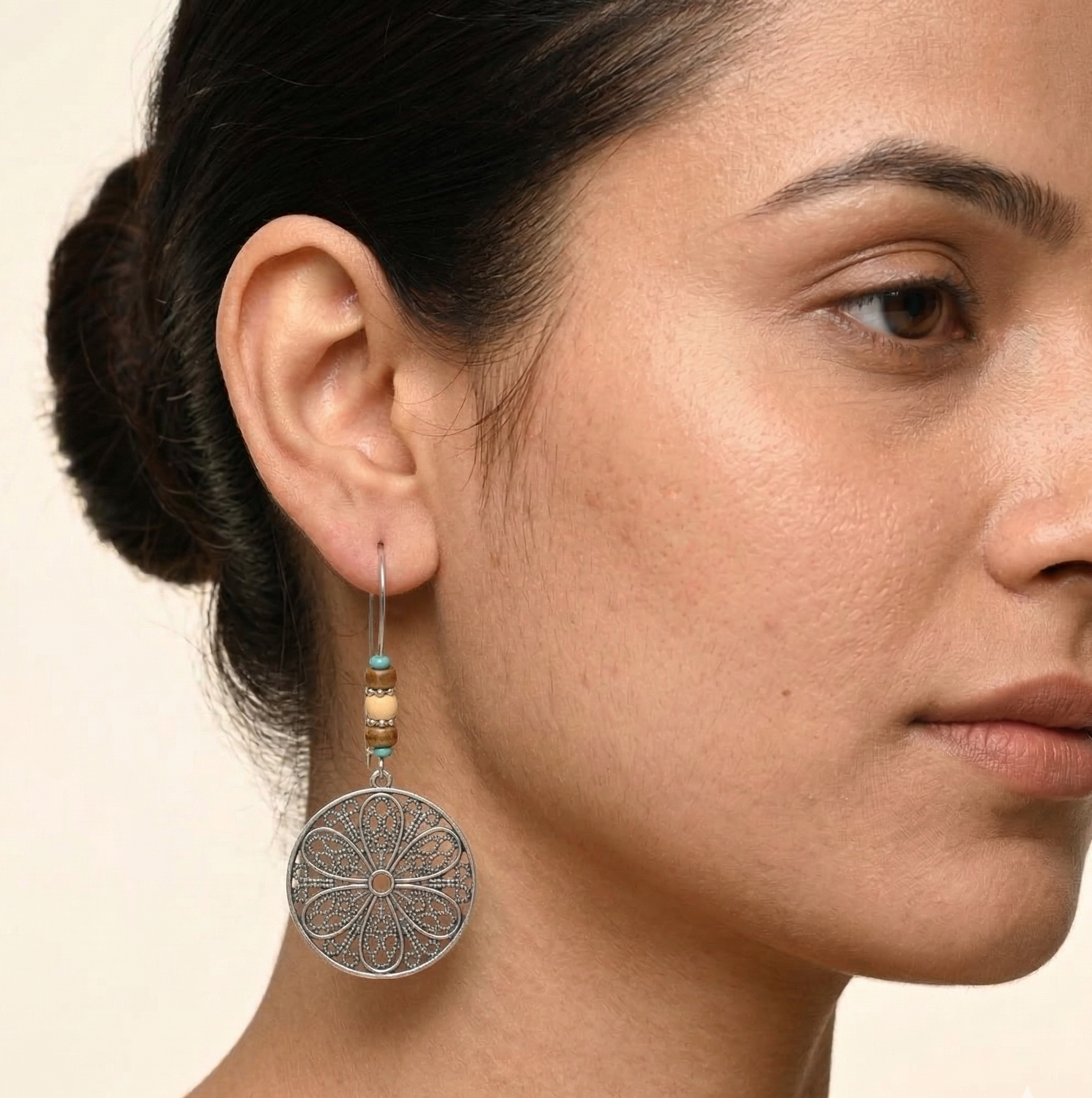 Antique Silver Flower Disc Earrings Alloy Drop Earrings