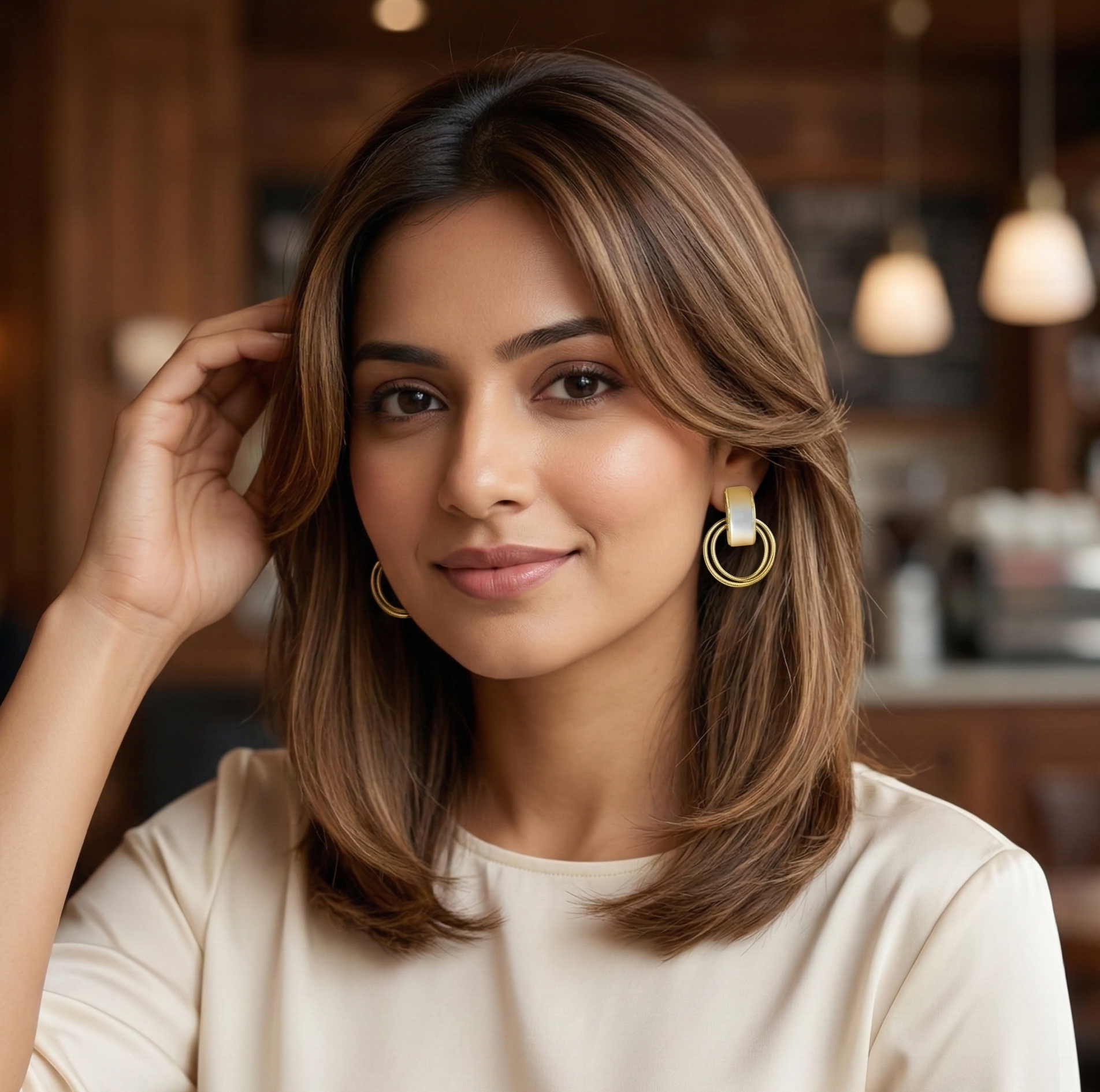 Cat's Eye Geometric Drop Earrings Gold Tone Circle Earrings