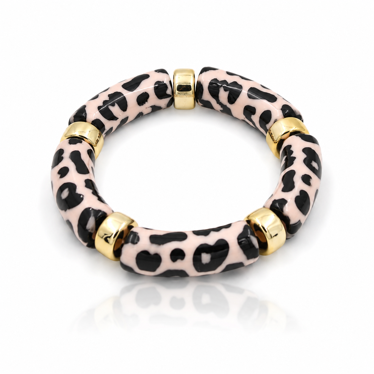 Pink Leopard Print Acrylic Beaded Stretch Bracelet with Gold Accents for Women