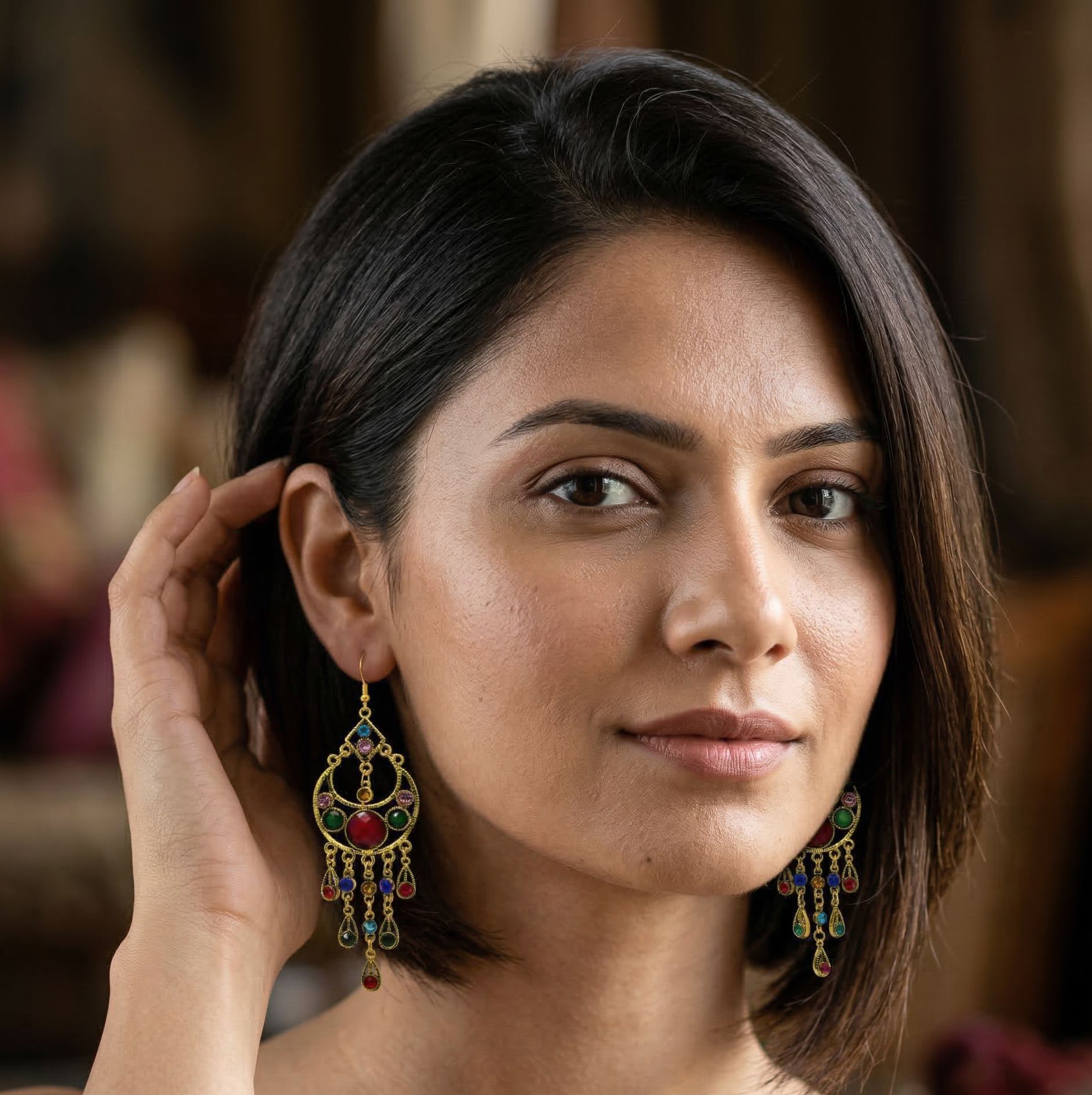 Bohemian Multicolor Stone Tassel Earrings Gold Tone Alloy