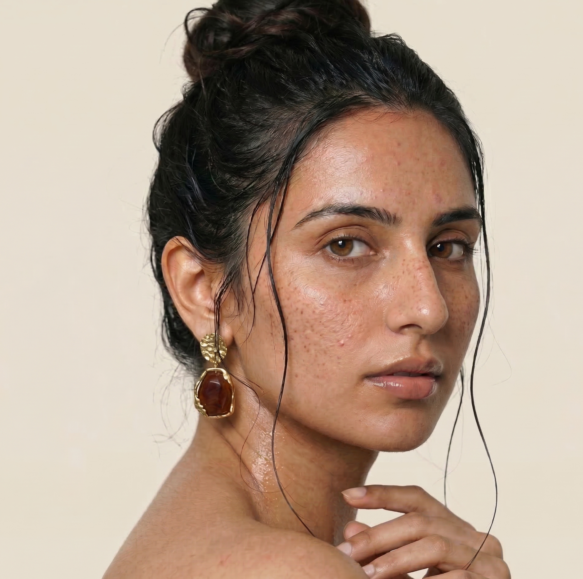 Amber Resin Statement Drop Earrings with Textured Gold Tone Studs