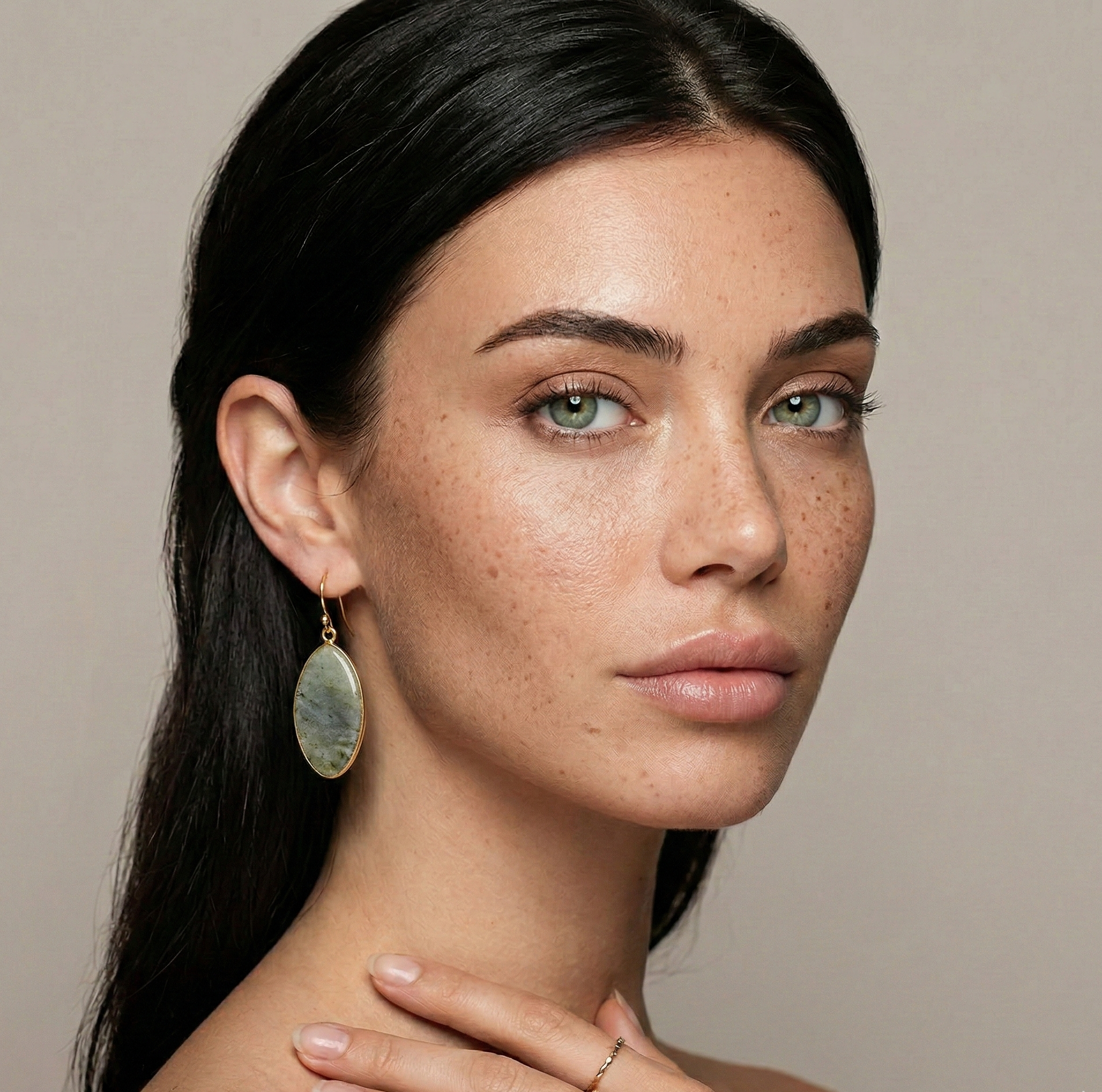 Labradorite Stone Drop Earrings Gold Tone