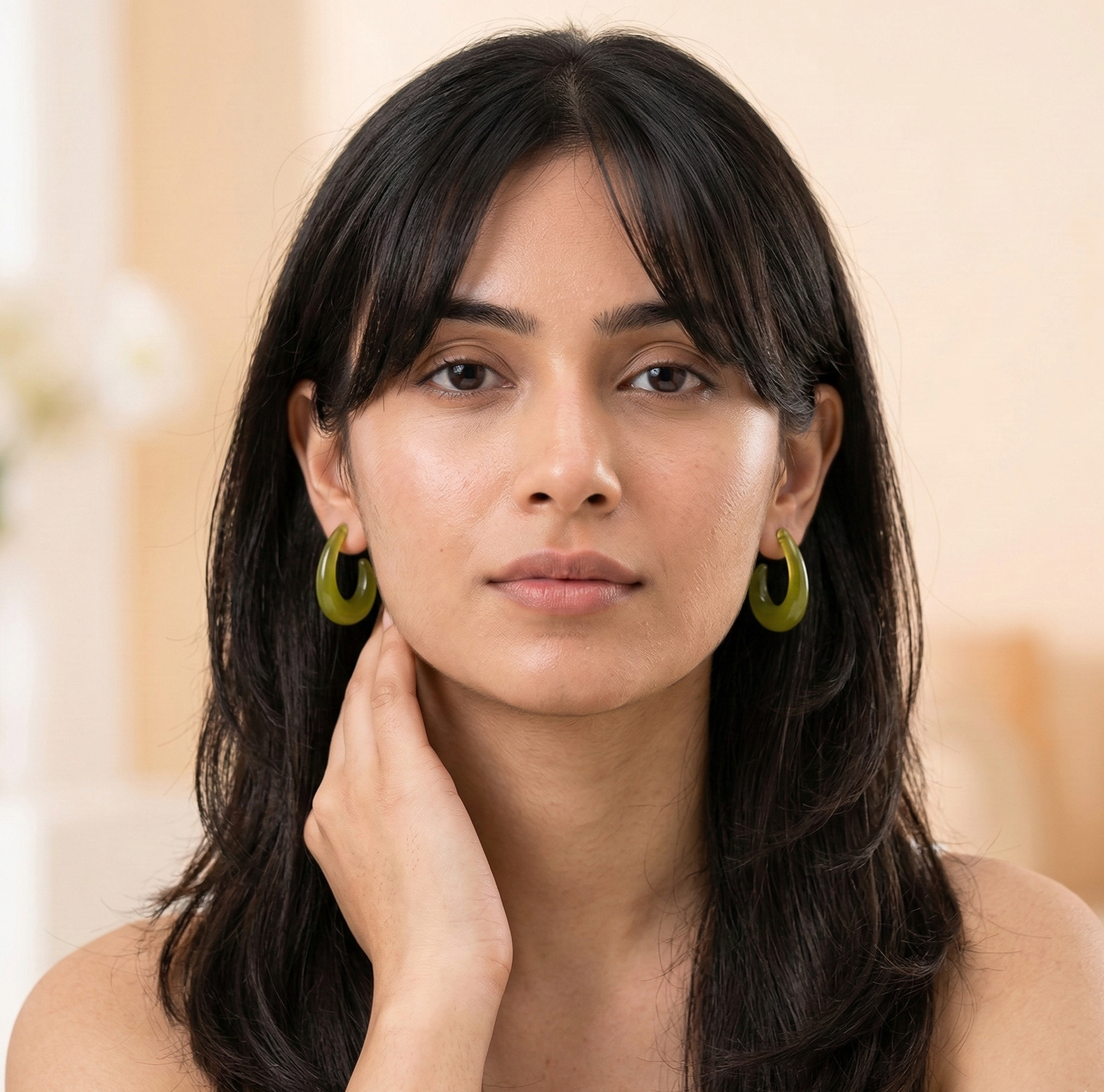 Olive Green Resin Open Hoop Earrings Stainless Steel Studs