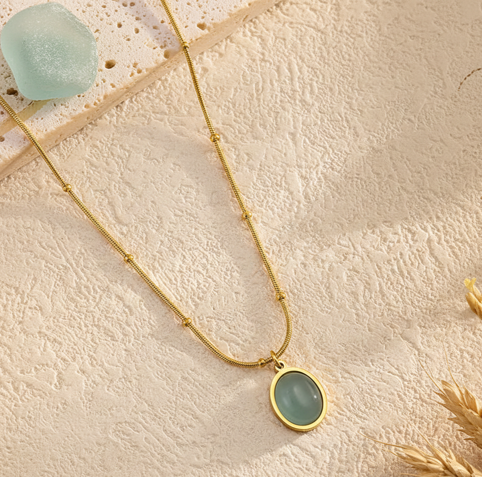 Blue Cat Eye Oval Pendant Necklace in 18K Gold Plated Stainless Steel