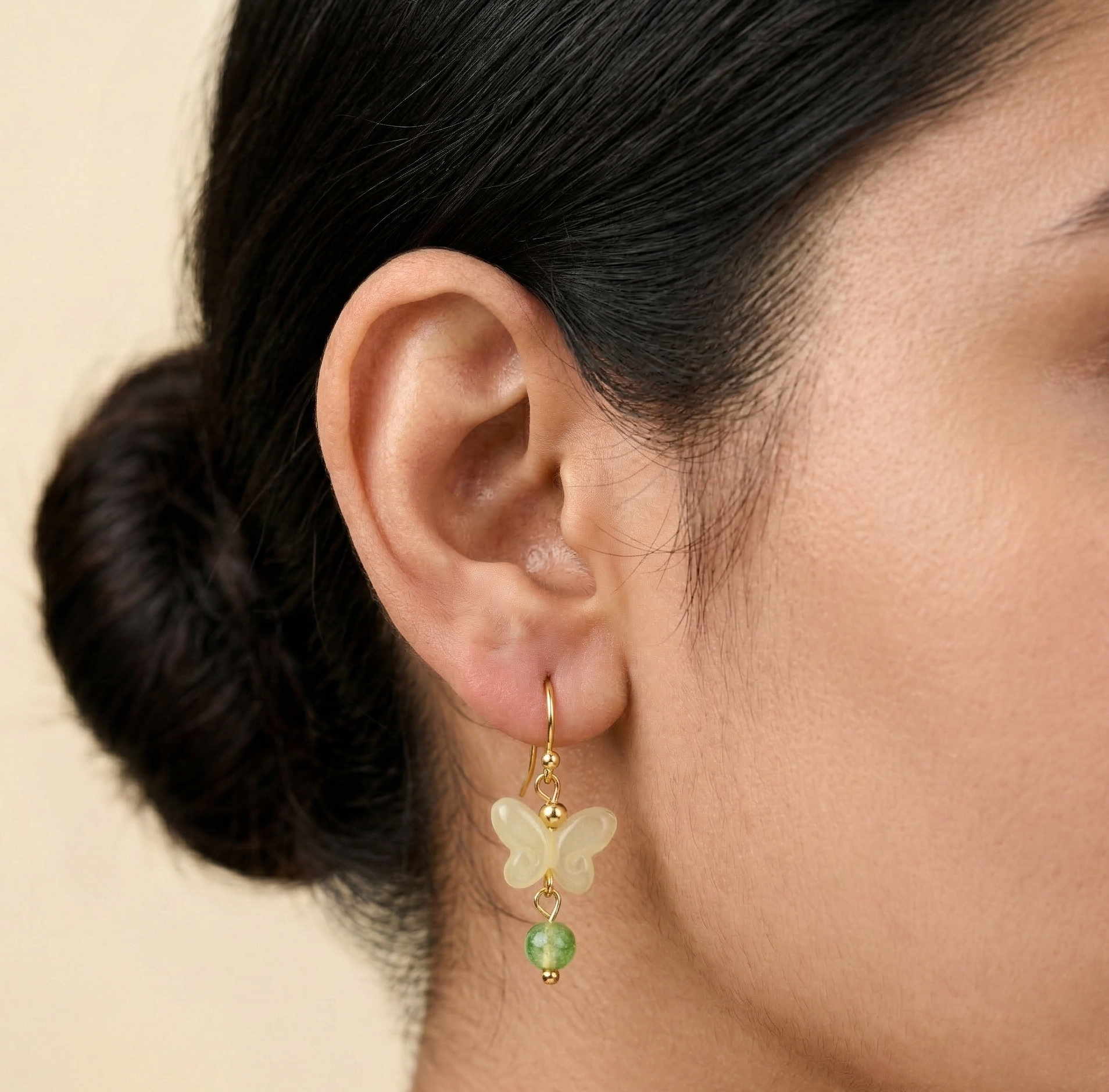 Butterfly Bead Drop Earrings for Women in Jade Green and Gold Tone