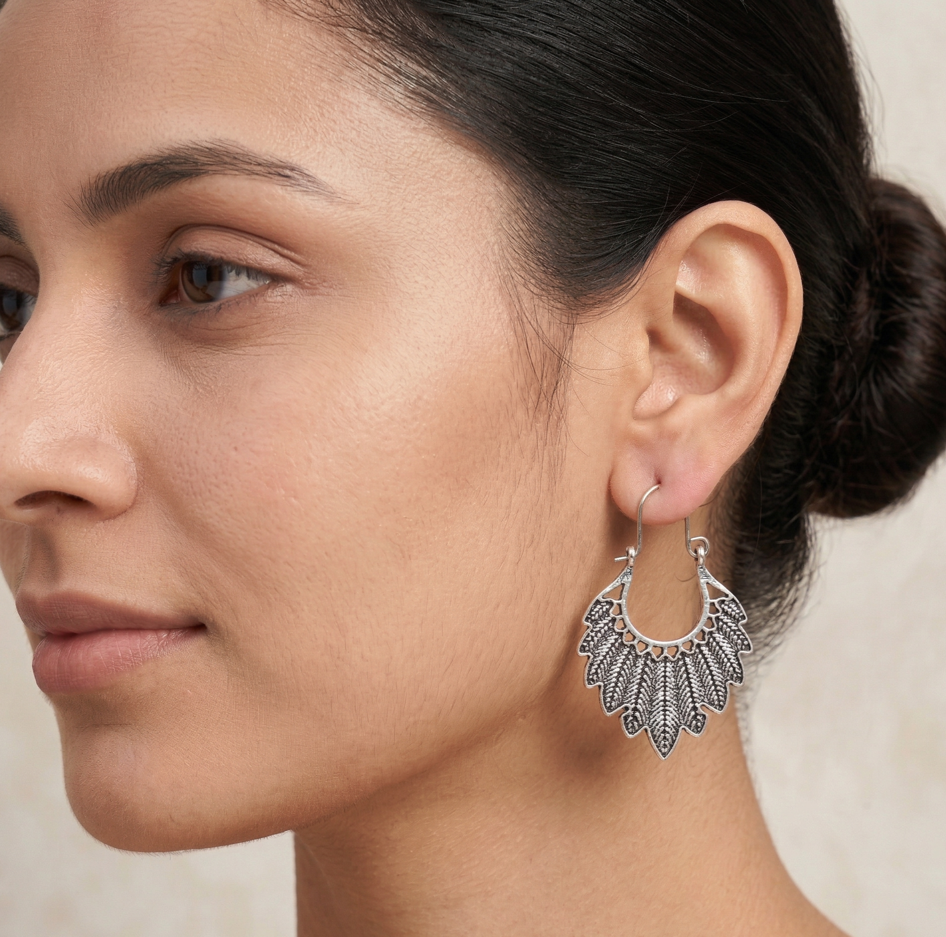 Bohemian Leaf Hoop Earrings Silver Tone Alloy