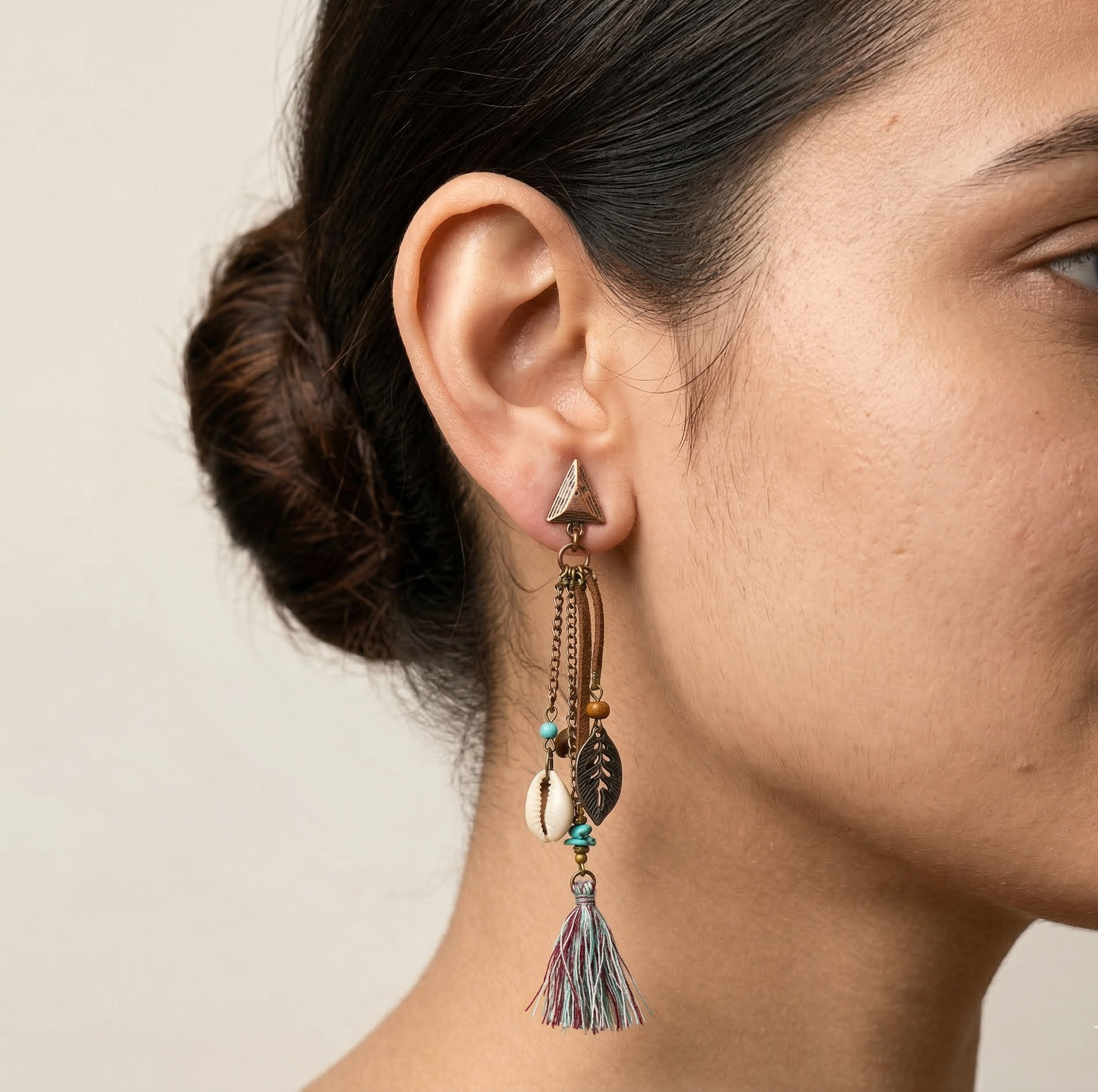 Bohemian Shell and Tassel Drop Earrings Antique Bronze Tone