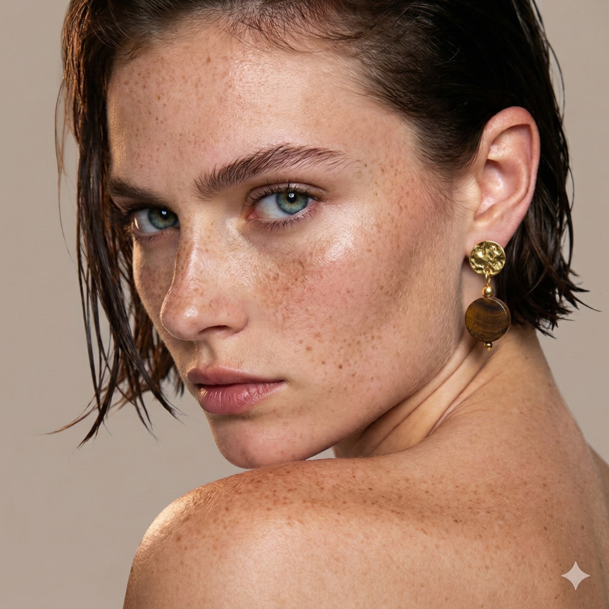 Tiger Eye Drop Earrings Gold Tone Brass