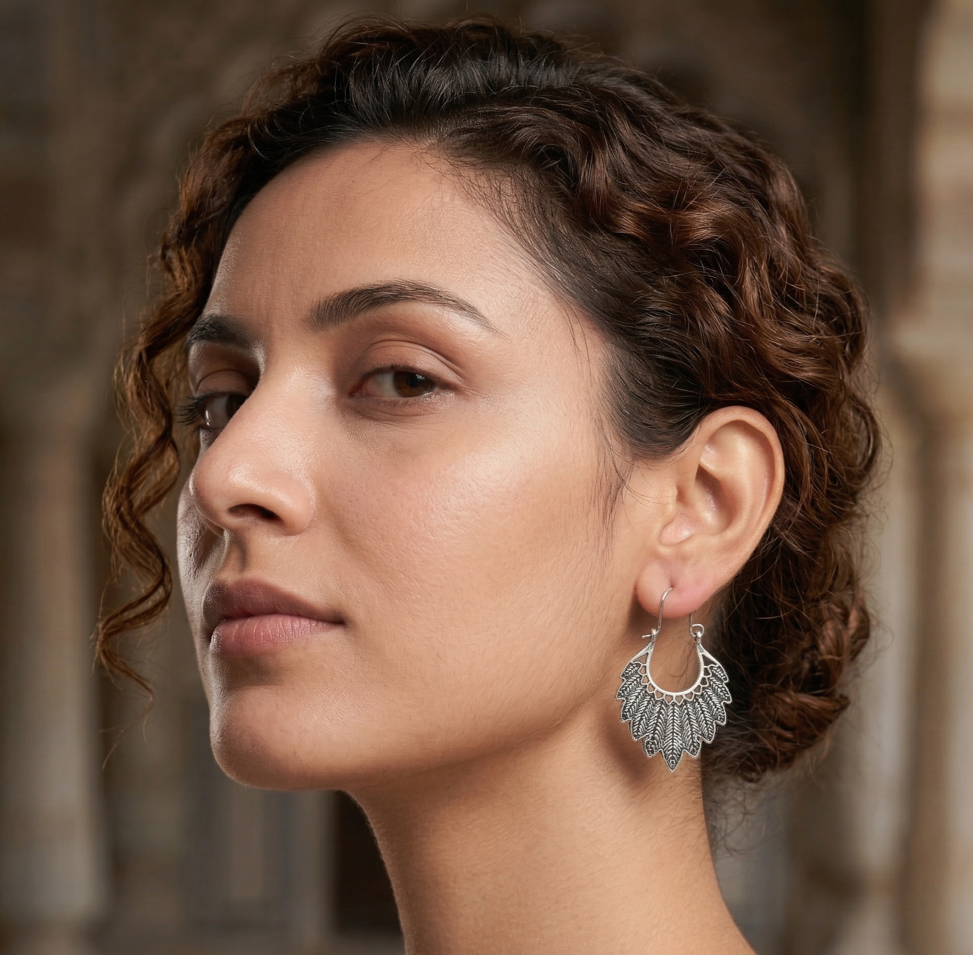Bohemian Leaf Hoop Earrings Silver Tone Alloy