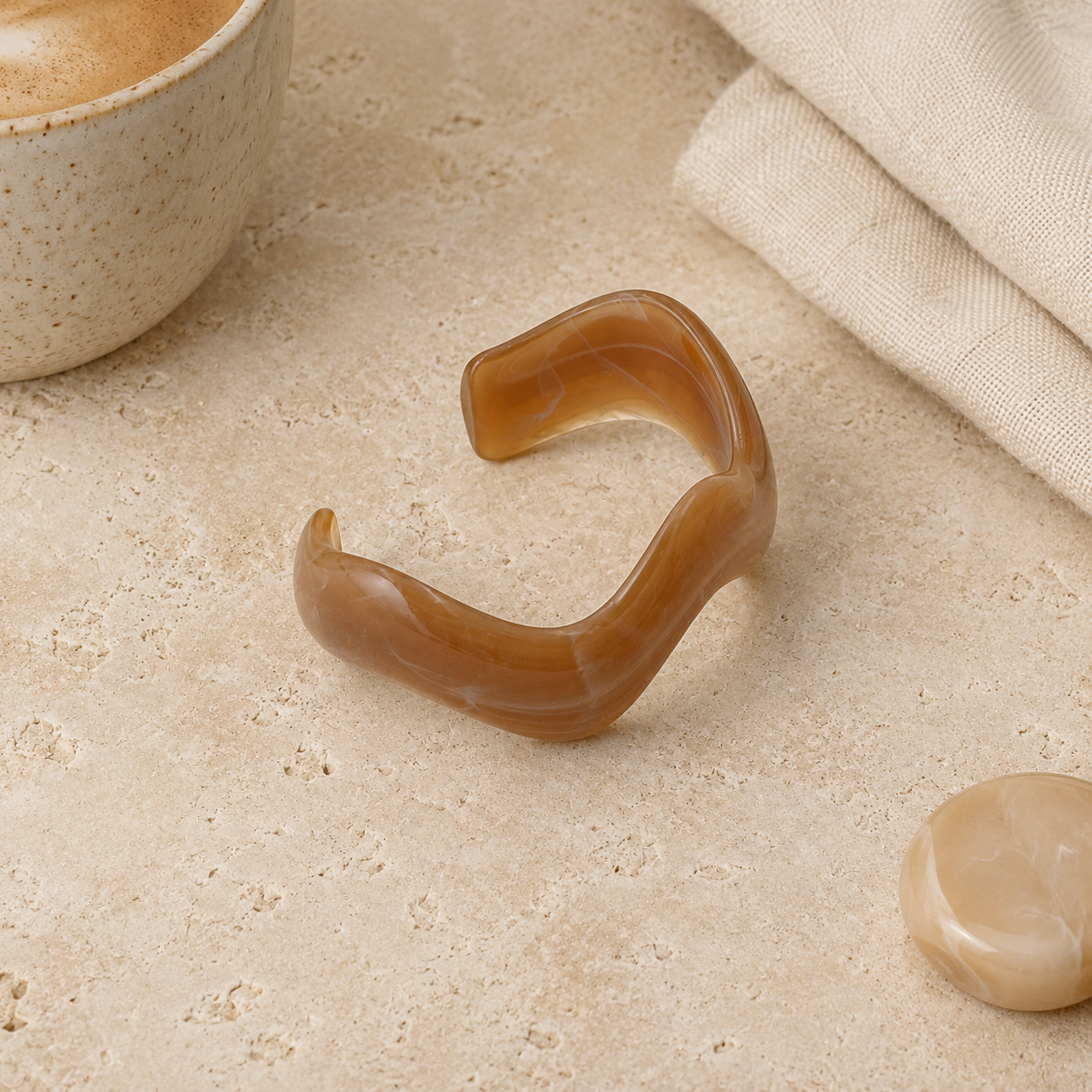 Caramel Marble Open Wave Resin Cuff Bracelet for Women