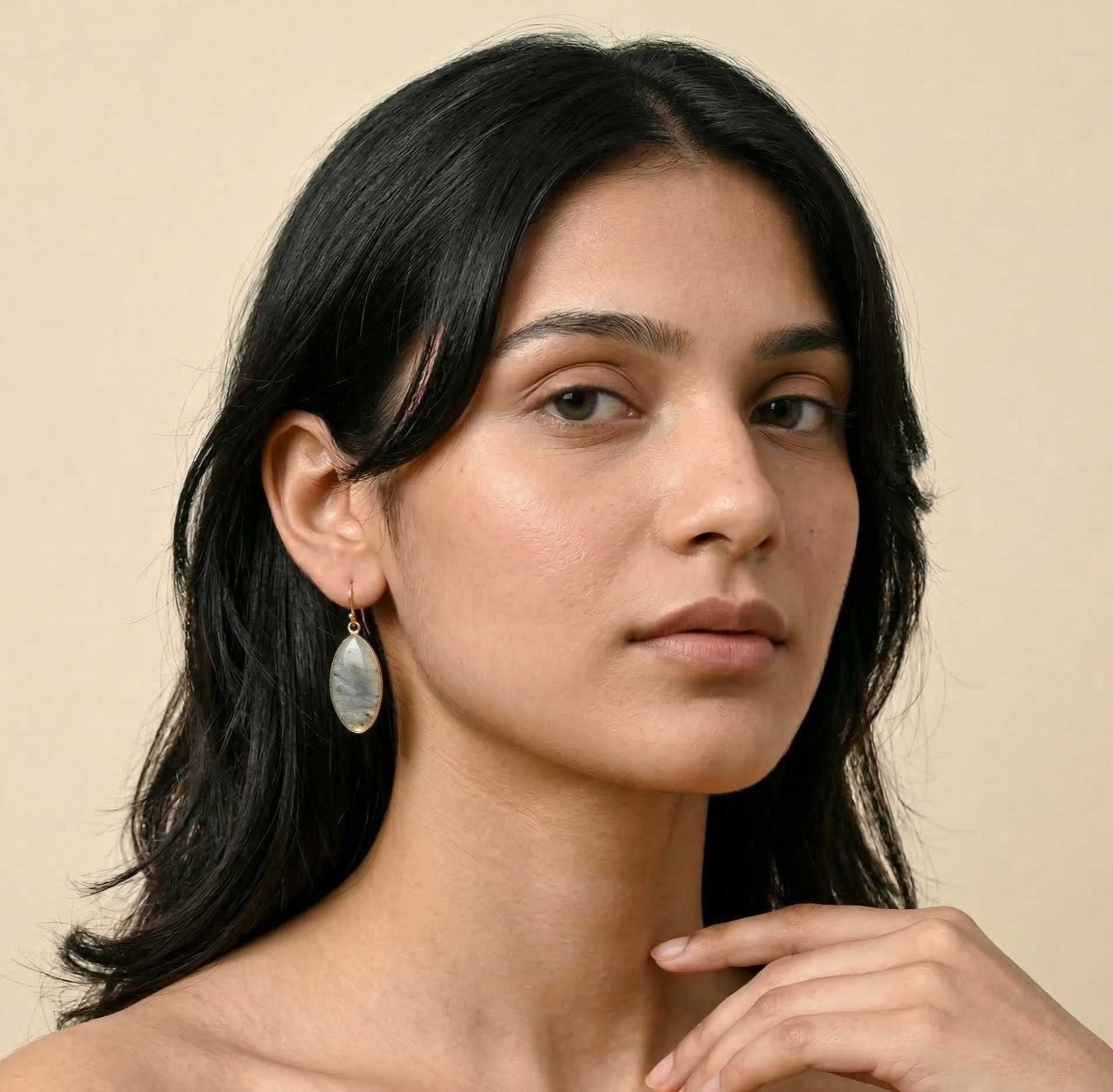 Labradorite Stone Drop Earrings Gold Tone