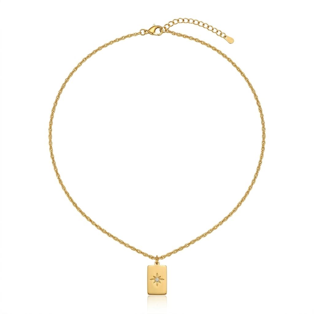 18K Gold Starburst Pendant Necklace for Women – Rectangle Pendant Chain