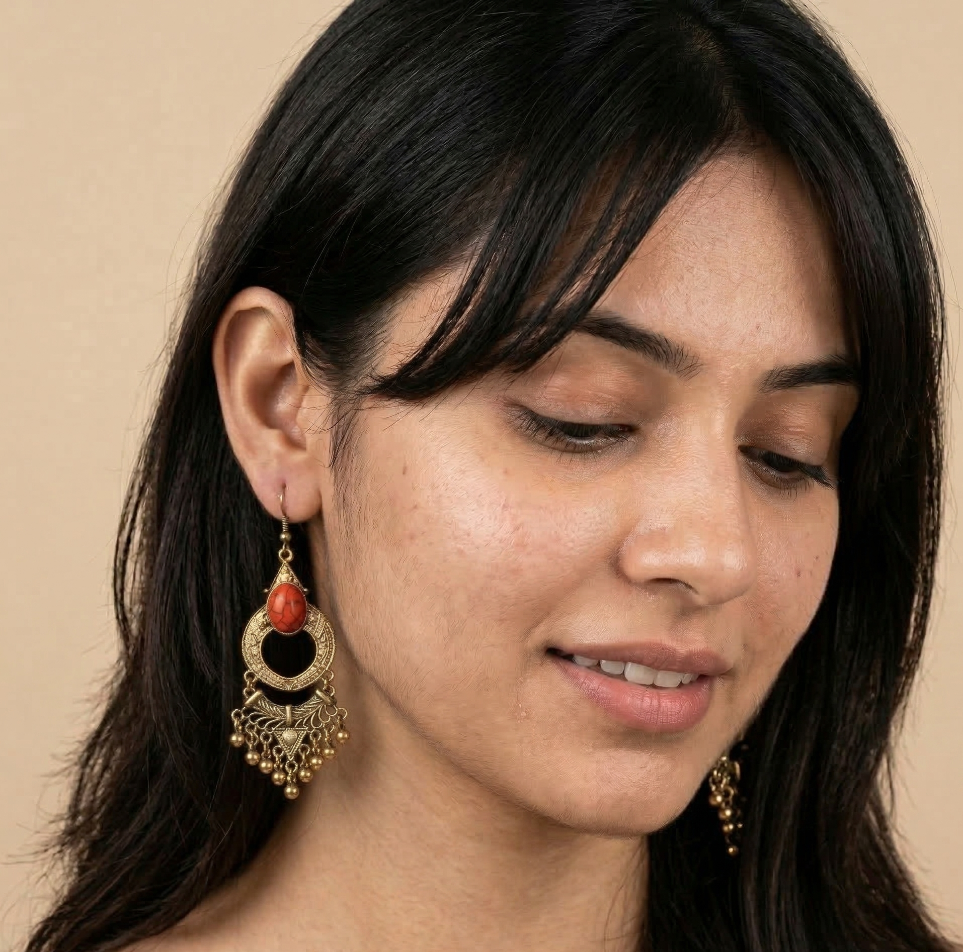 Vintage Bohemian Orange Stone Earrings Gold Tone Ethnic Drop Earrings