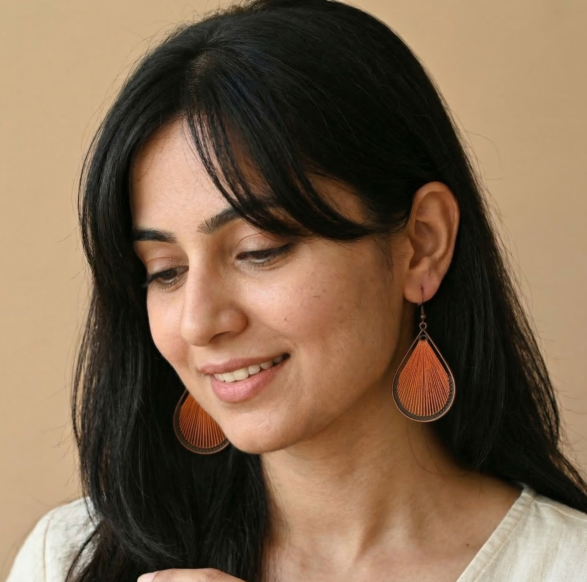 Bohemian Orange Thread Teardrop Earrings