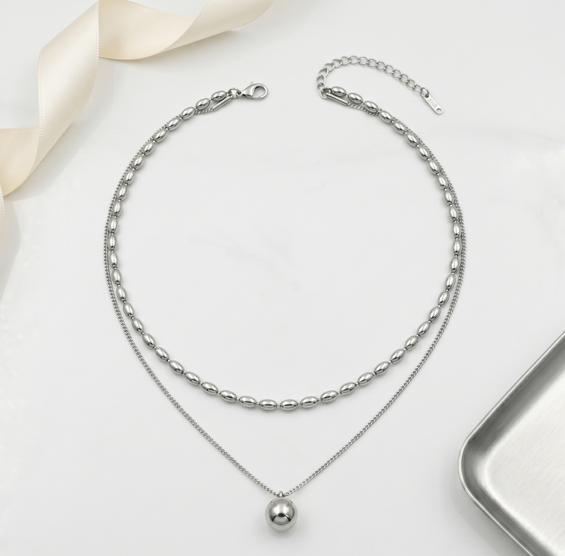 Layered Silver Bead Pendant Necklace for Women