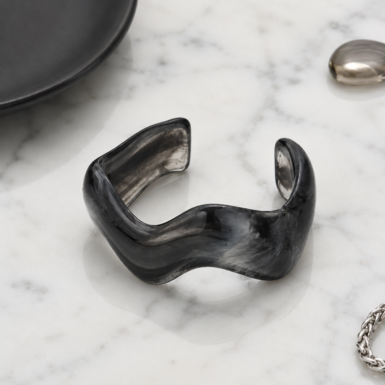 Black Marble Open Wave Resin Cuff Bracelet for Women