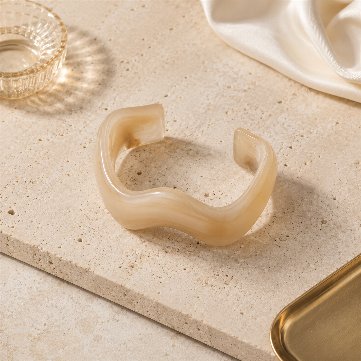 Beige Marble Wave Resin Open Cuff Bracelet for Women