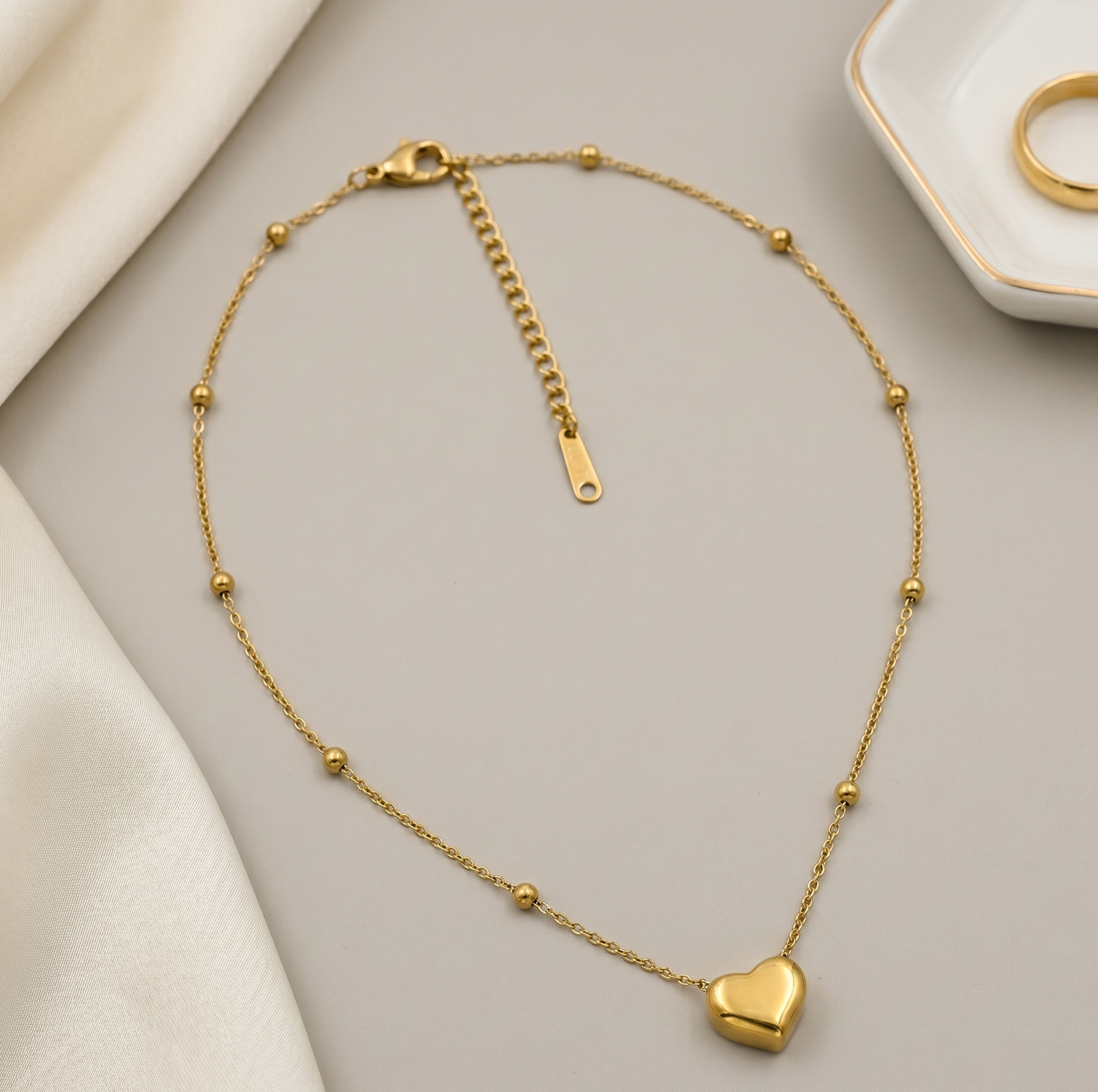Gold Heart Bead Chain Necklace