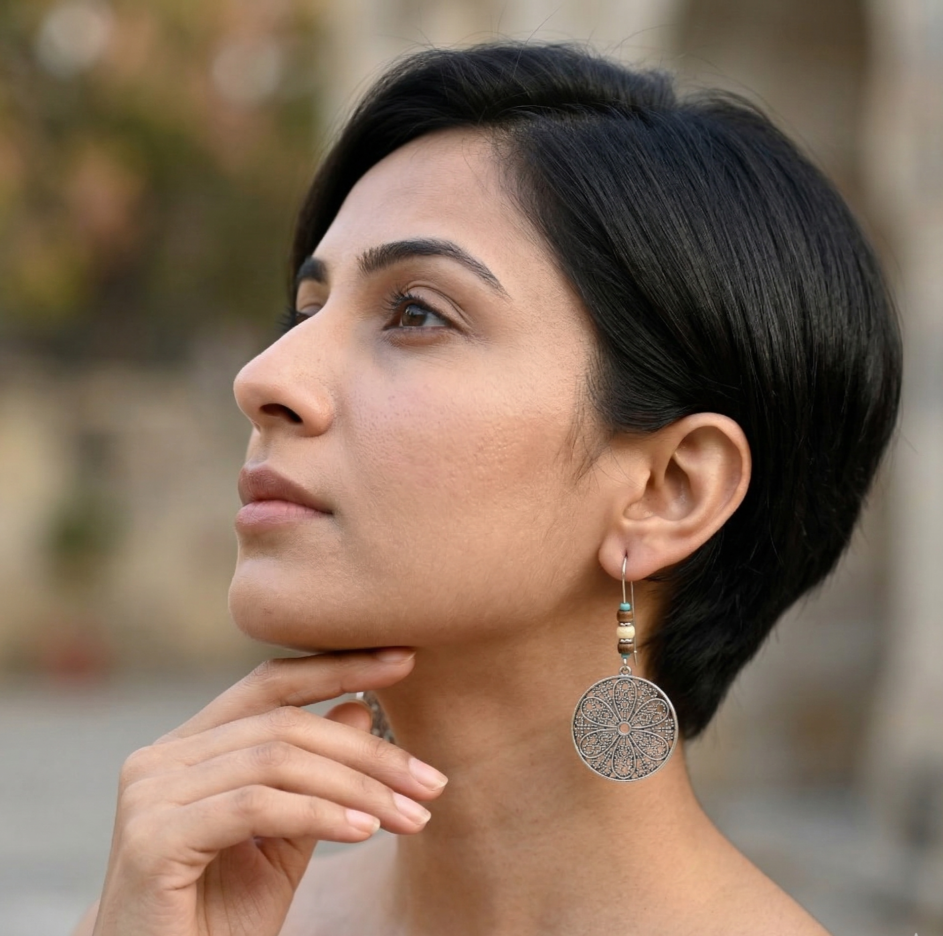 Antique Silver Flower Disc Earrings Alloy Drop Earrings