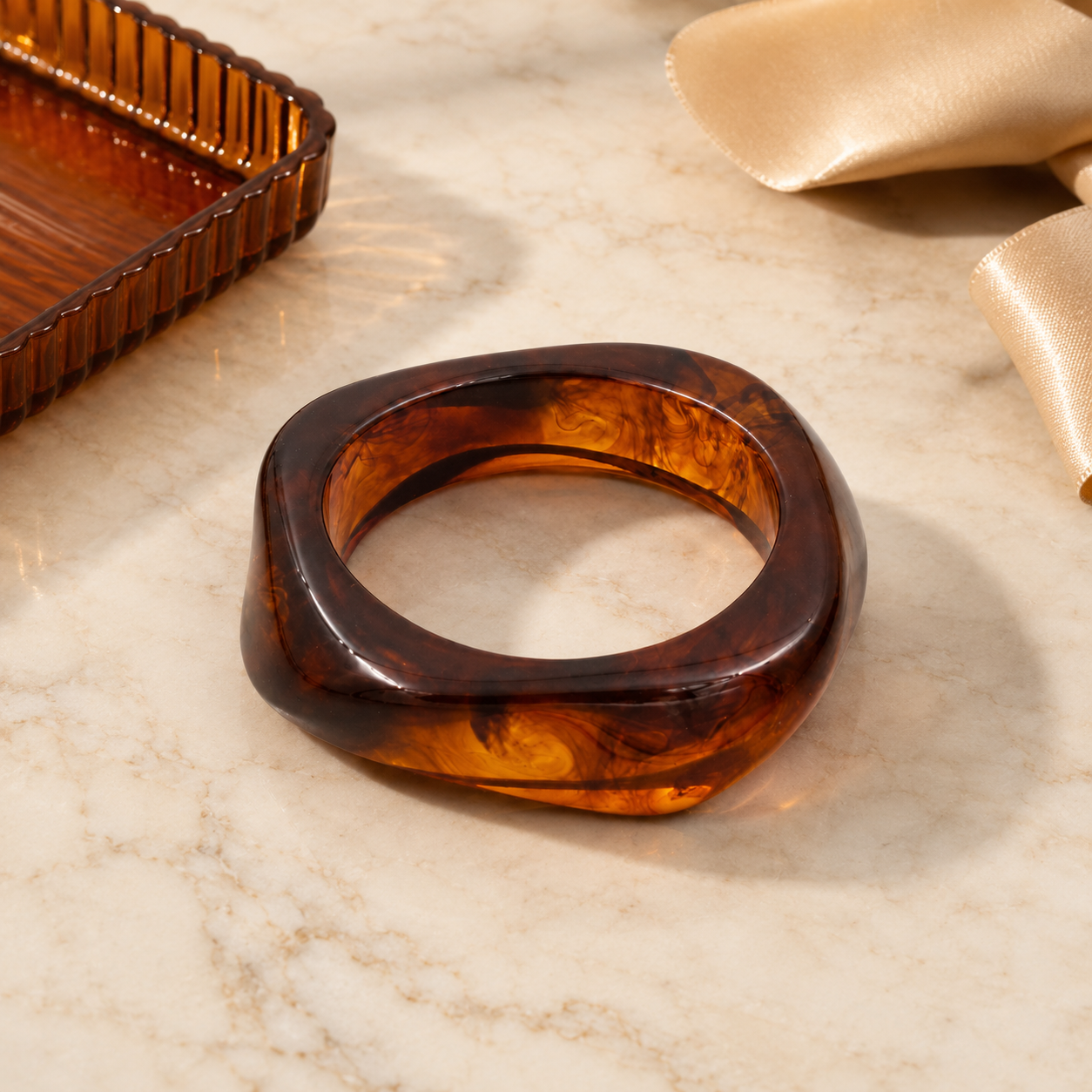Irregular Square Amber Resin Chunky Bangle Bracelet for Women