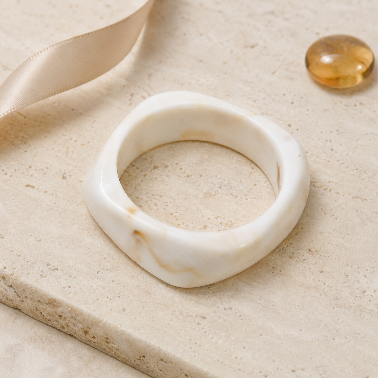 Ivory Marble Resin Irregular Square Bangle Bracelet for Women