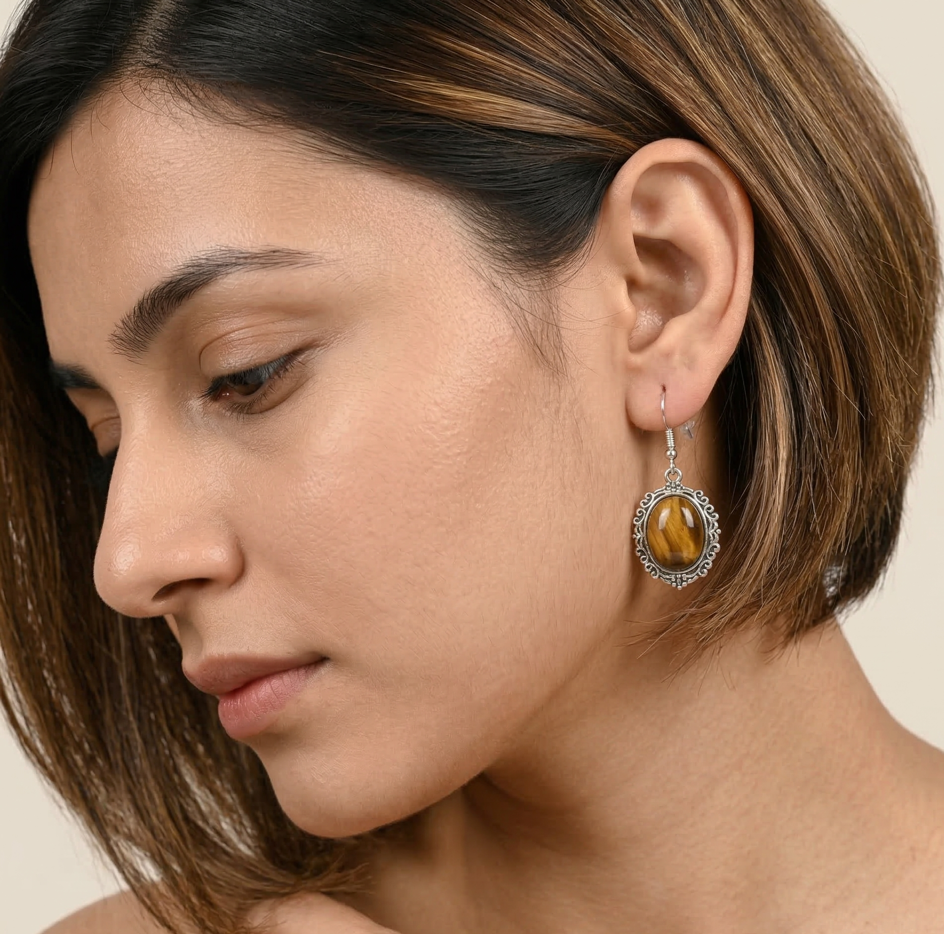 Tiger’s Eye Dangle Earrings Silver Tone Hook Earrings