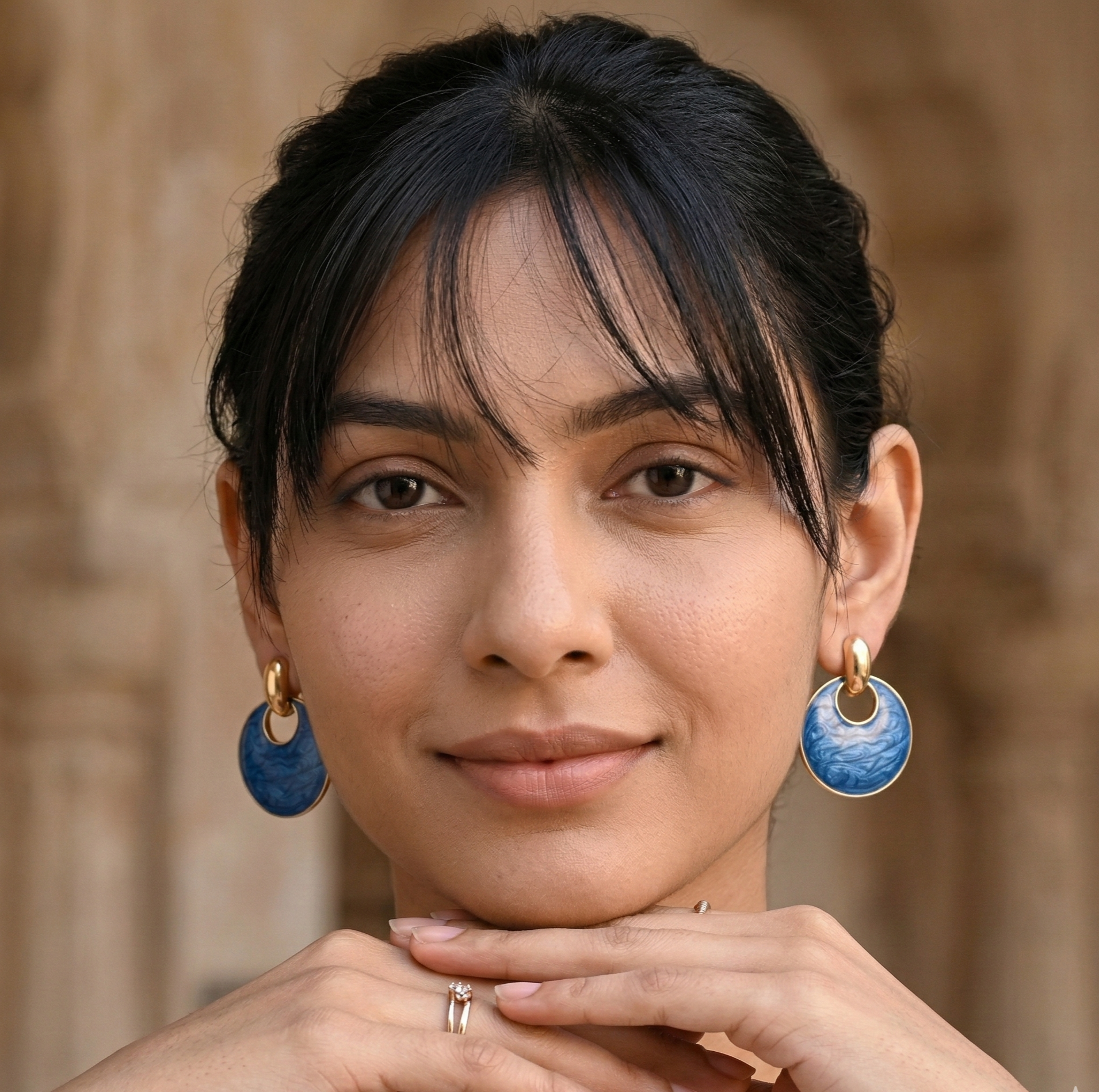 Blue Marbled Disc Drop Earrings Gold Tone Studs