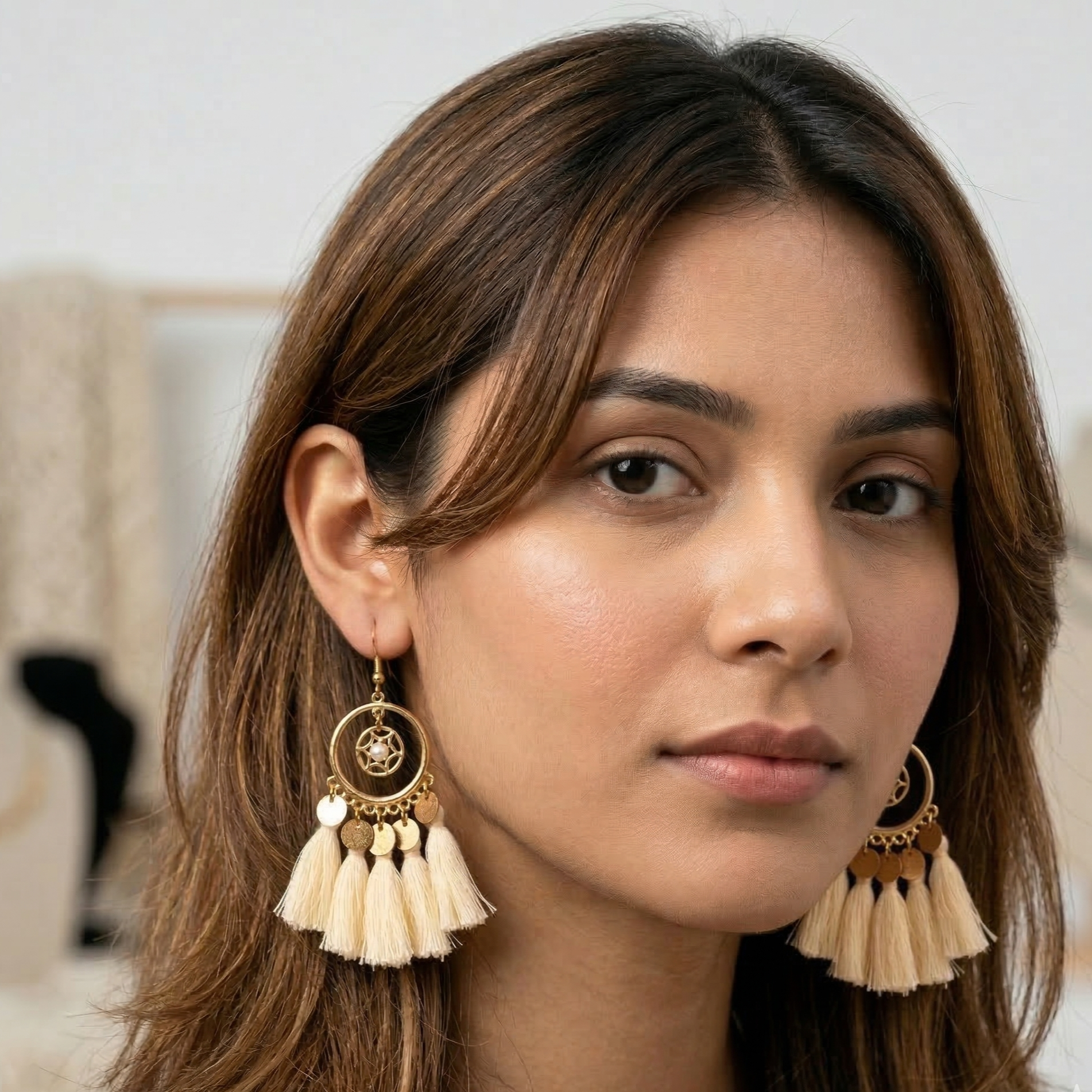 Bohemian Tassel Circle Drop Earrings Gold Tone Alloy