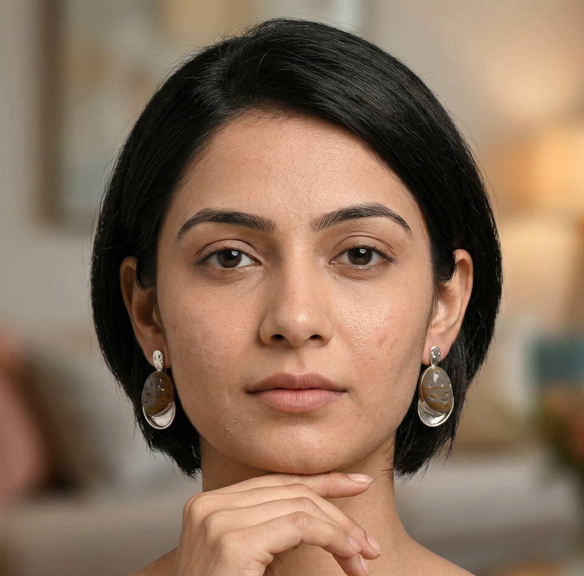 Grey Resin Drop Earrings for Women with Silver Tone Detail