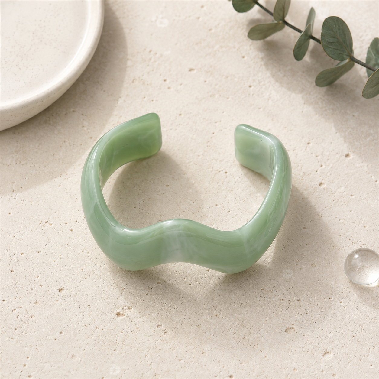 Mint Green Open Wave Resin Cuff Bracelet for Women