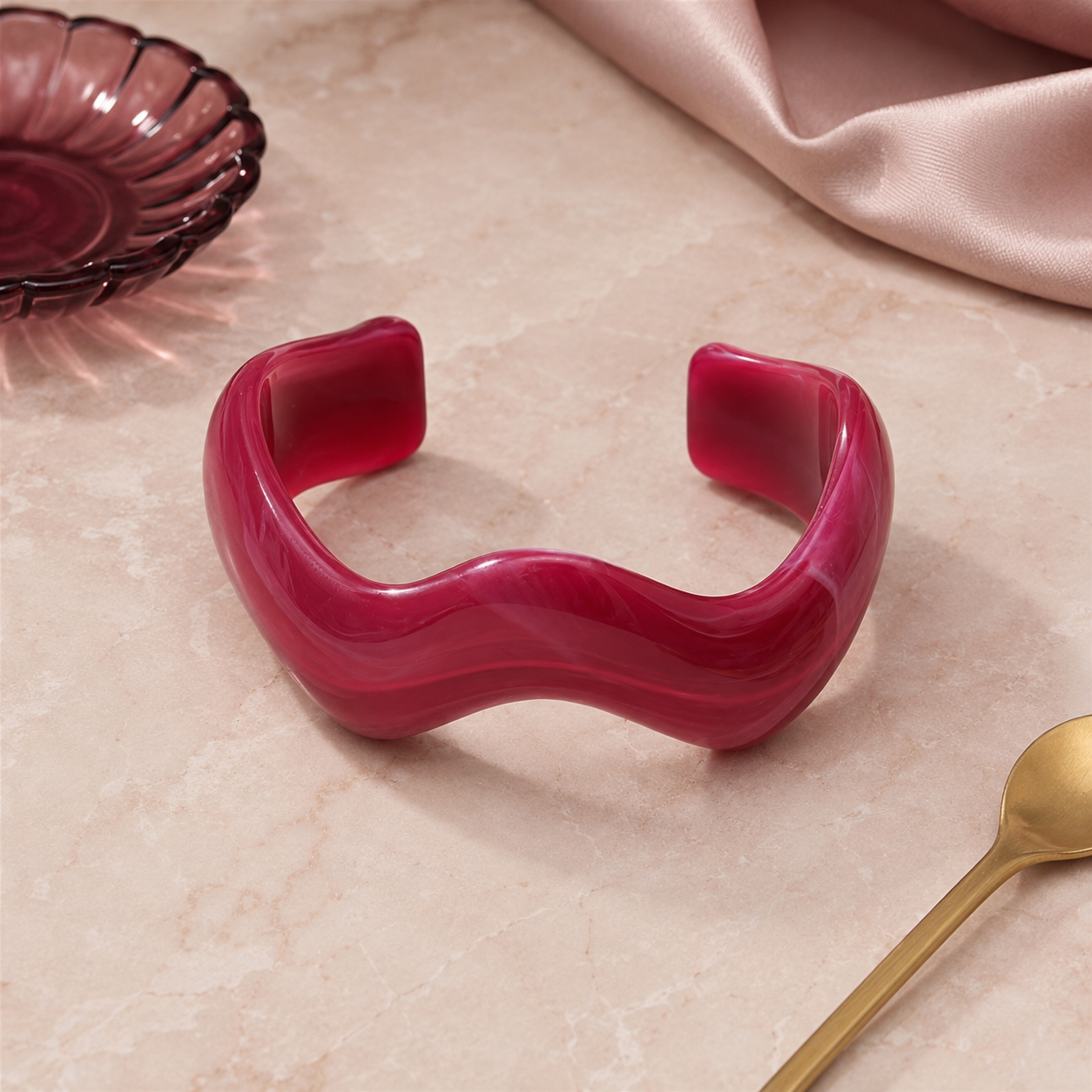Berry Red Marble Wave Resin Open Cuff Bracelet for Women