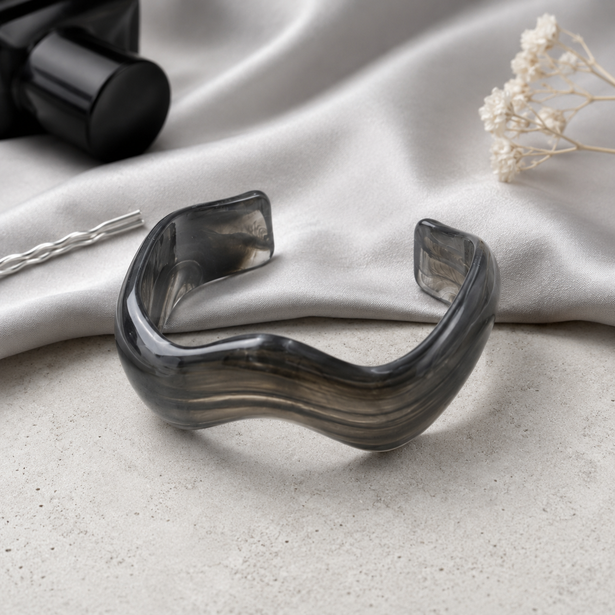Smoky Grey Marble Wave Resin Open Cuff Bracelet for Women