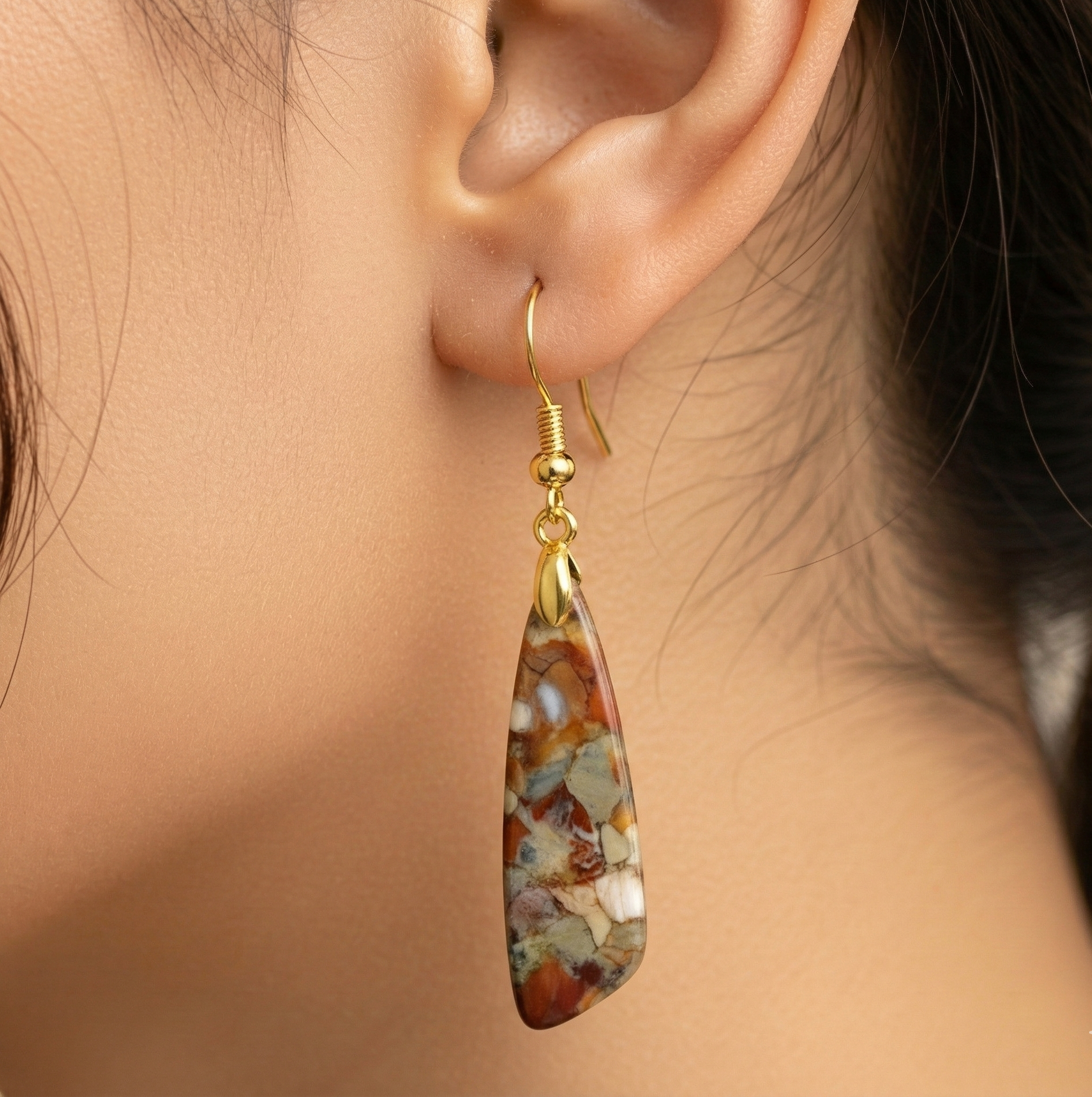 Emperor Stone Jasper Dangle Earrings Gold Tone Geometric Drop