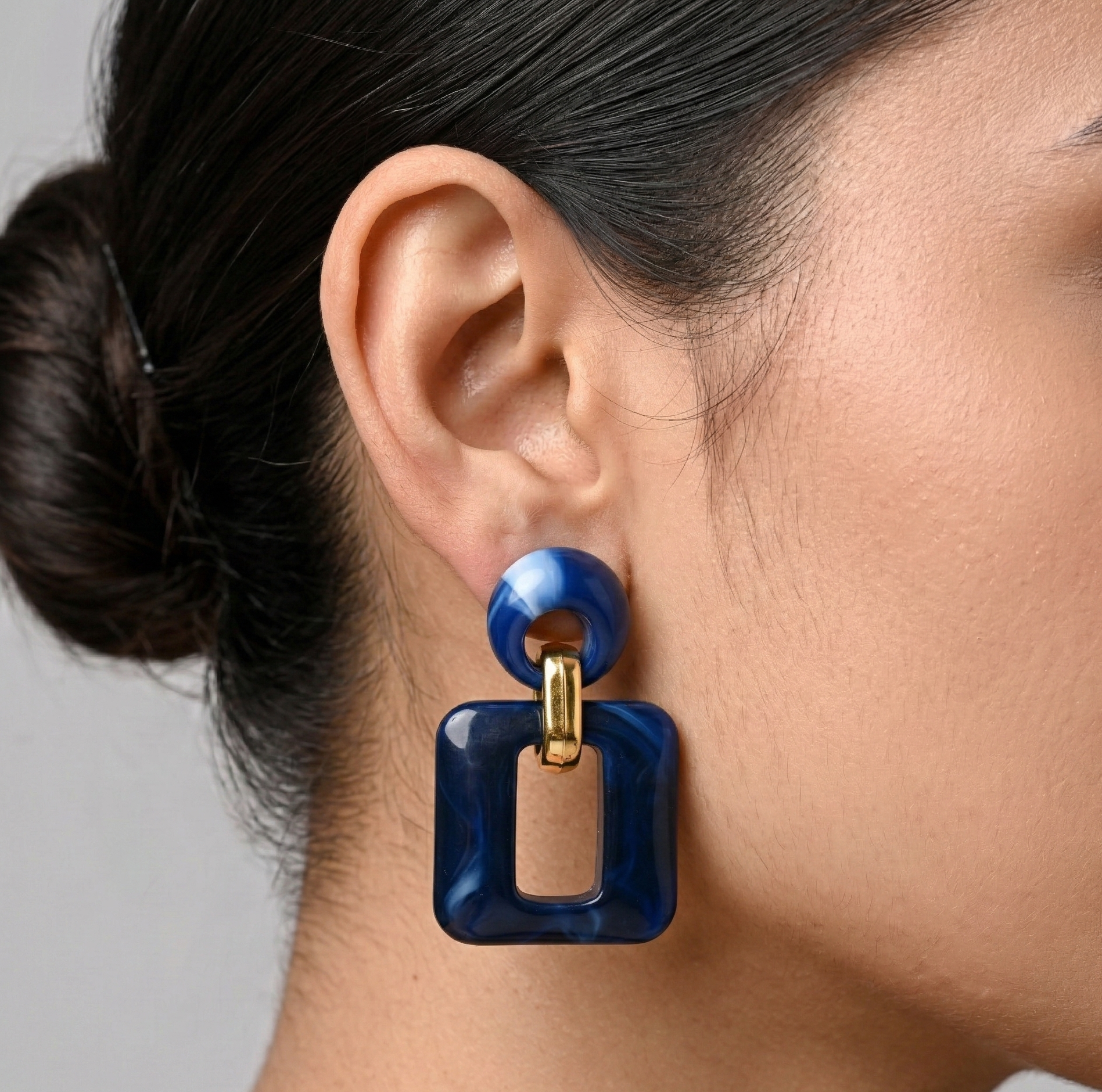 Navy Blue Resin Square Drop Earrings Gold Tone Detail