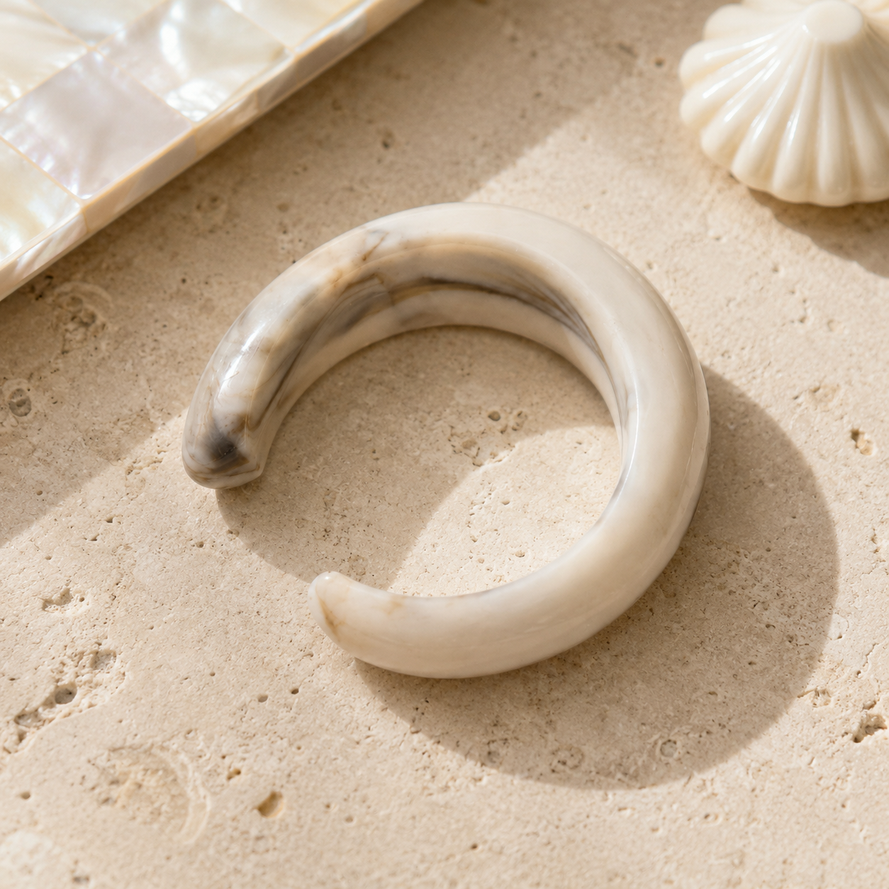Cream Marbled Open Resin Cuff Bracelet for Women